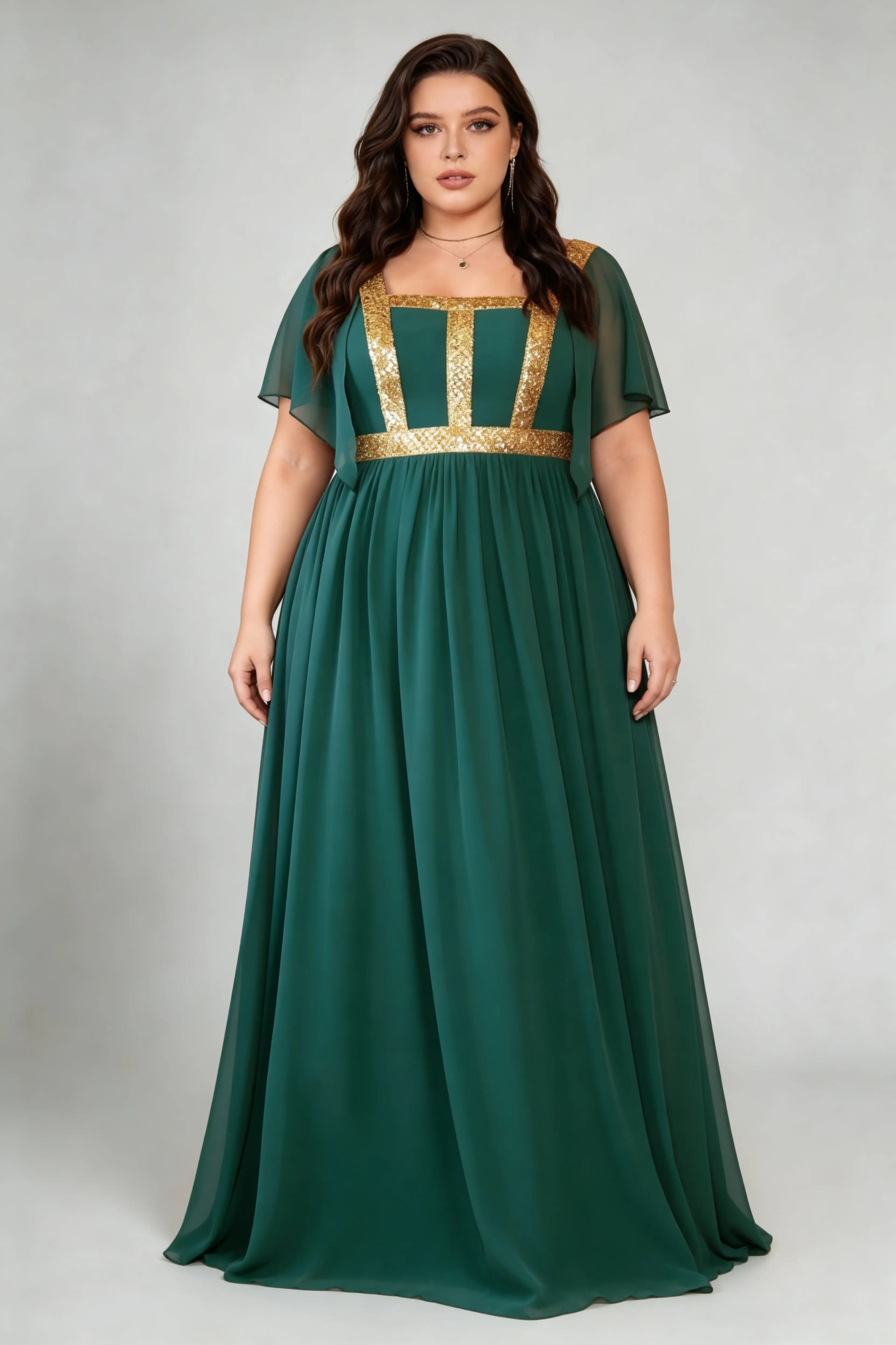 Curvy model wearing plus size dark-green square neck gold sequin panel evening gown - elegant flutter sleeve empire waist chiffon maxi dress