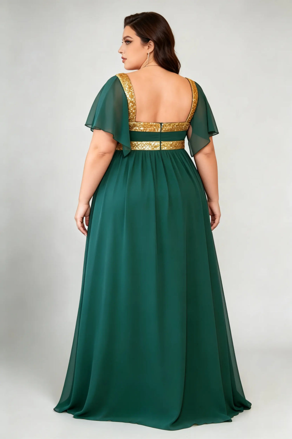 Curvy model wearing plus size dark-green square neck gold sequin panel evening gown - elegant flutter sleeve empire waist chiffon maxi dress