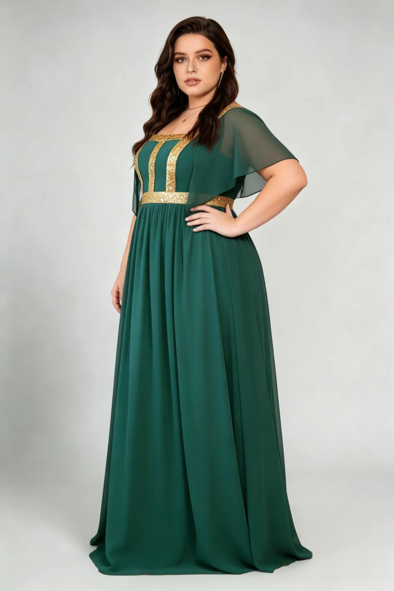 Curvy model wearing plus size dark-green square neck gold sequin panel evening gown - elegant flutter sleeve empire waist chiffon maxi dress