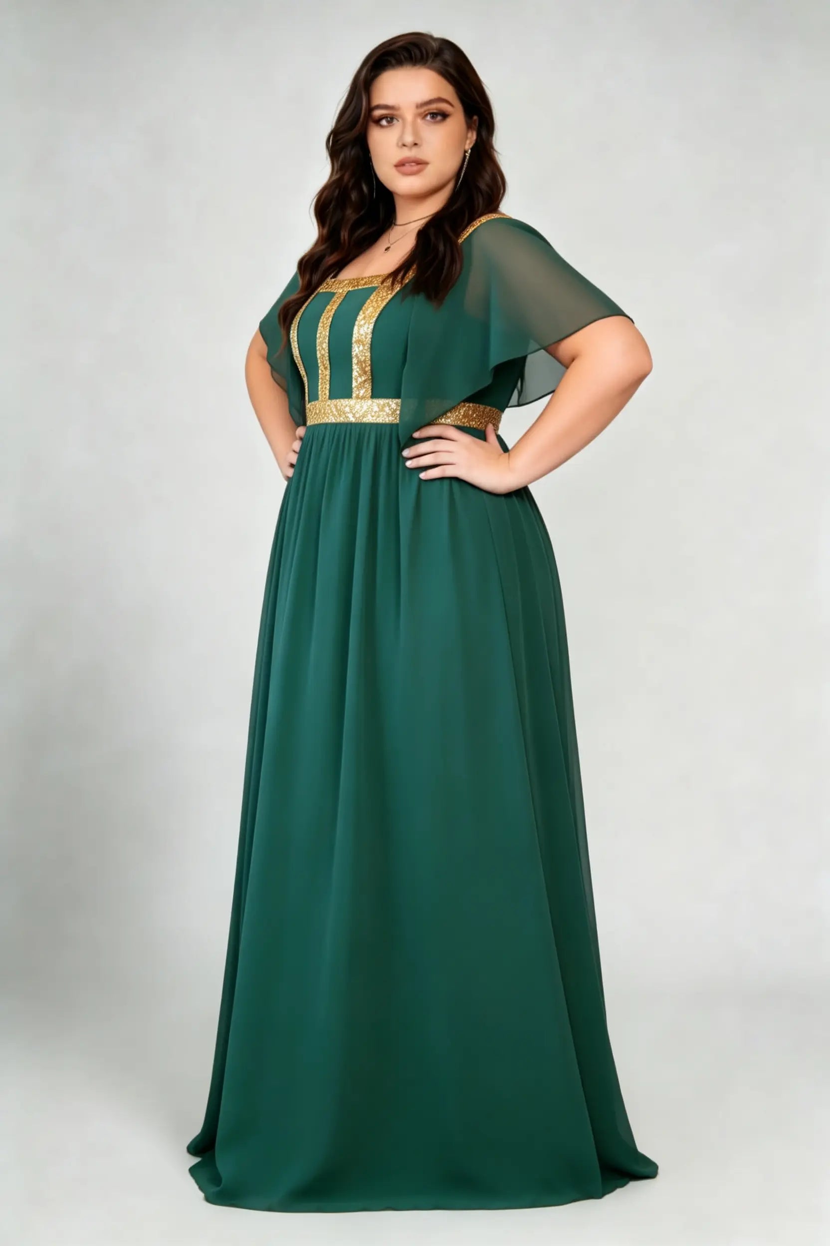 Curvy model wearing plus size dark-green square neck gold sequin panel evening gown - elegant flutter sleeve empire waist chiffon maxi dress
