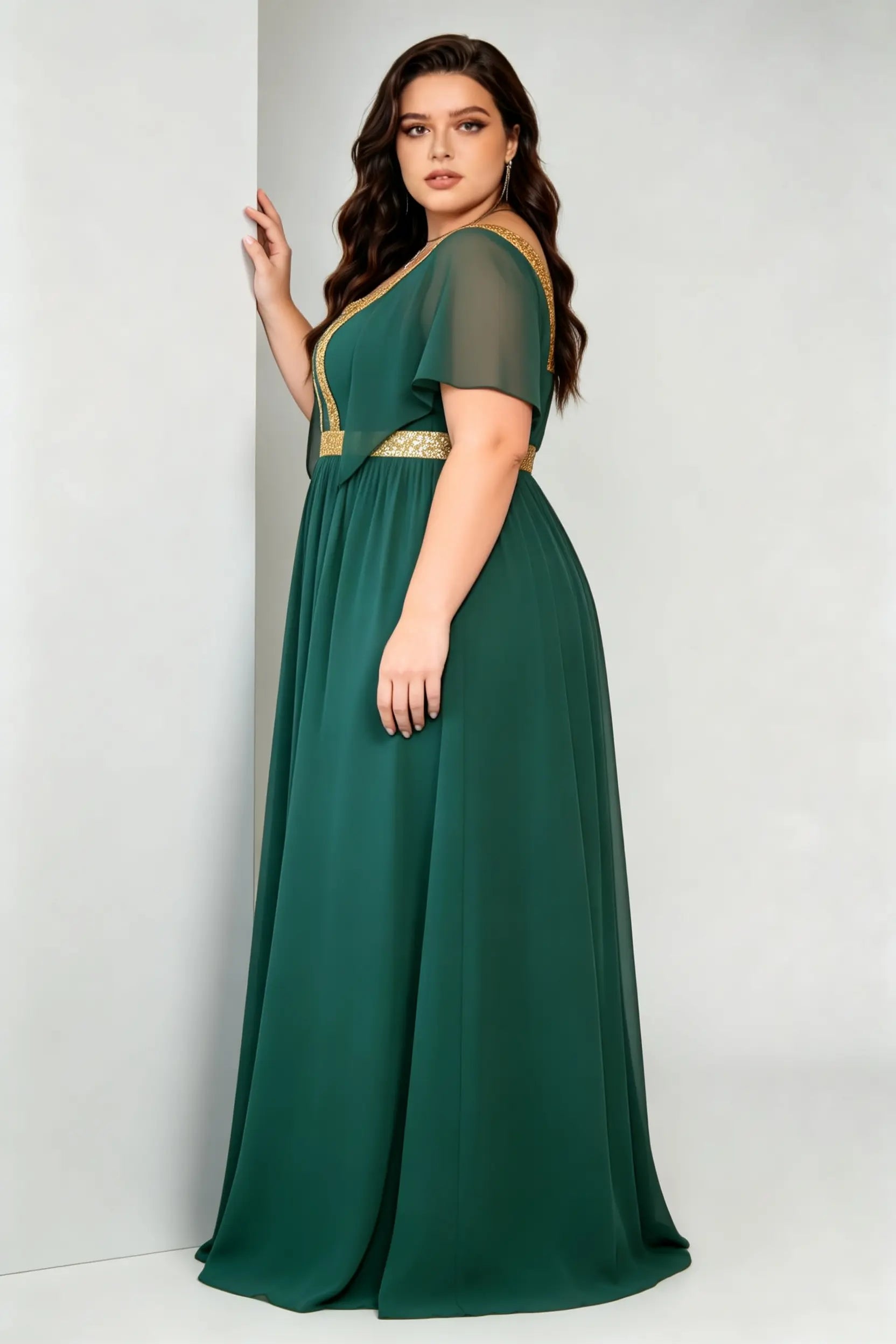 Curvy model wearing plus size dark-green square neck gold sequin panel evening gown - elegant flutter sleeve empire waist chiffon maxi dress