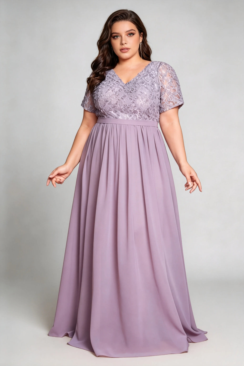 Curvy model wearing plus size purple v-neck floral lace evening gown - elegant short sleeve high-waist chiffon maxi dress
