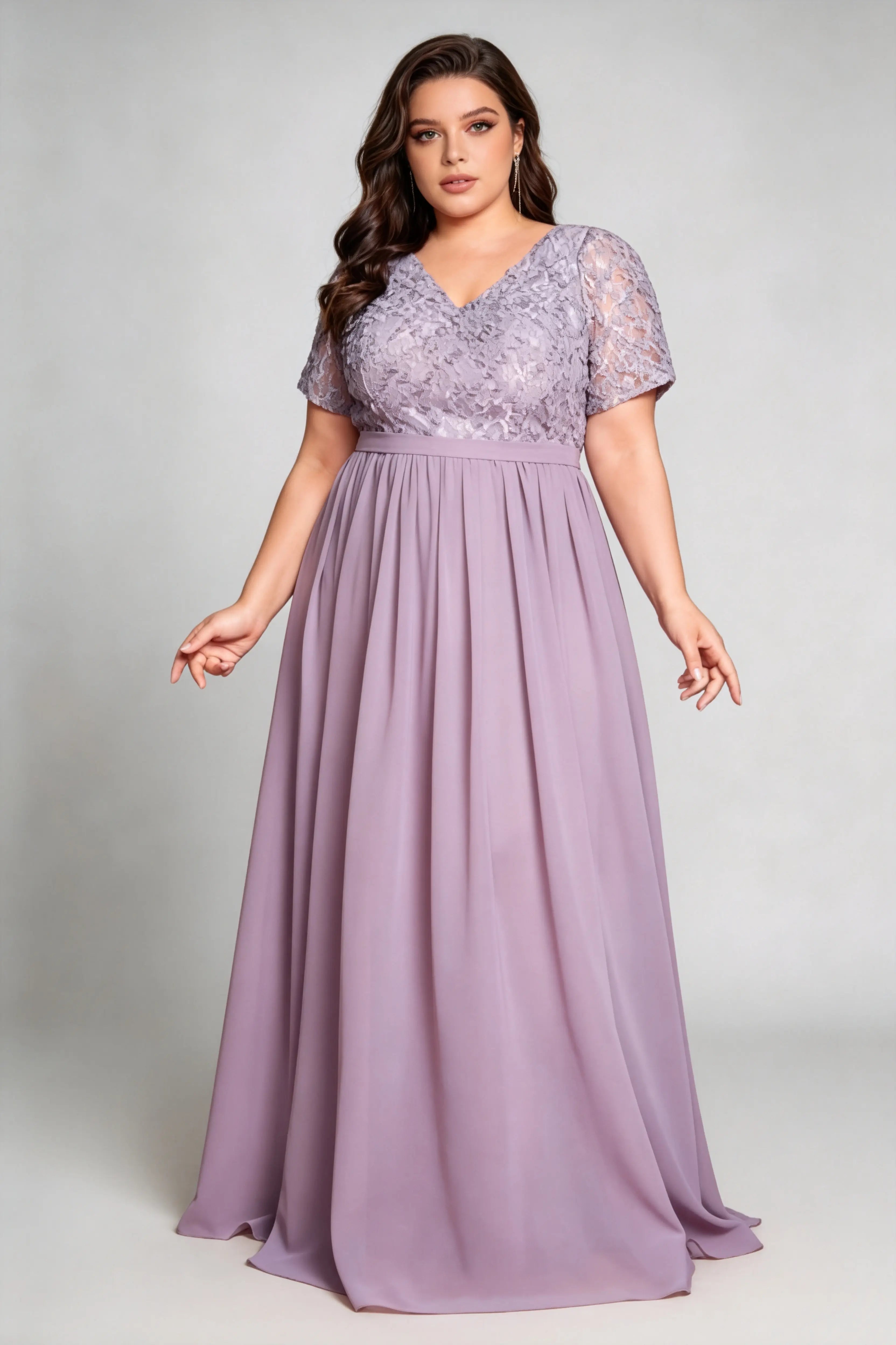 Curvy model wearing plus size purple v-neck floral lace evening gown - elegant short sleeve high-waist chiffon maxi dress