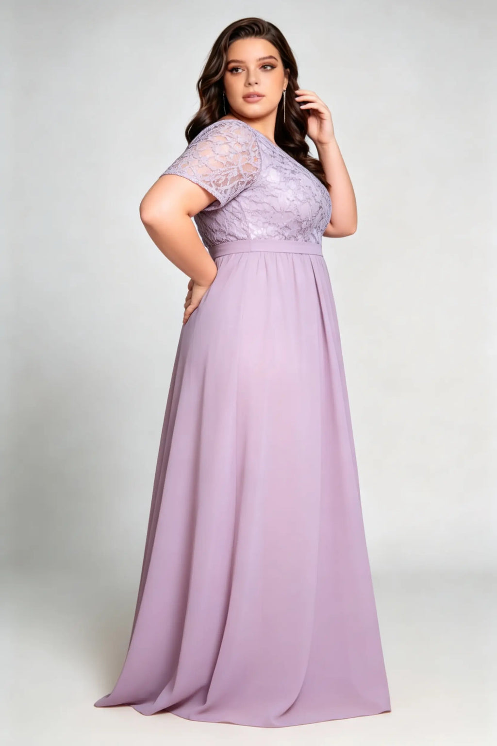 Curvy model wearing plus size purple v-neck floral lace evening gown - elegant short sleeve high-waist chiffon maxi dress