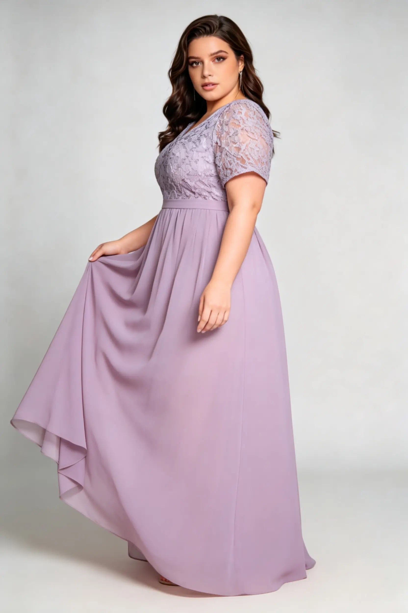 Curvy model wearing plus size purple v-neck floral lace evening gown - elegant short sleeve high-waist chiffon maxi dress