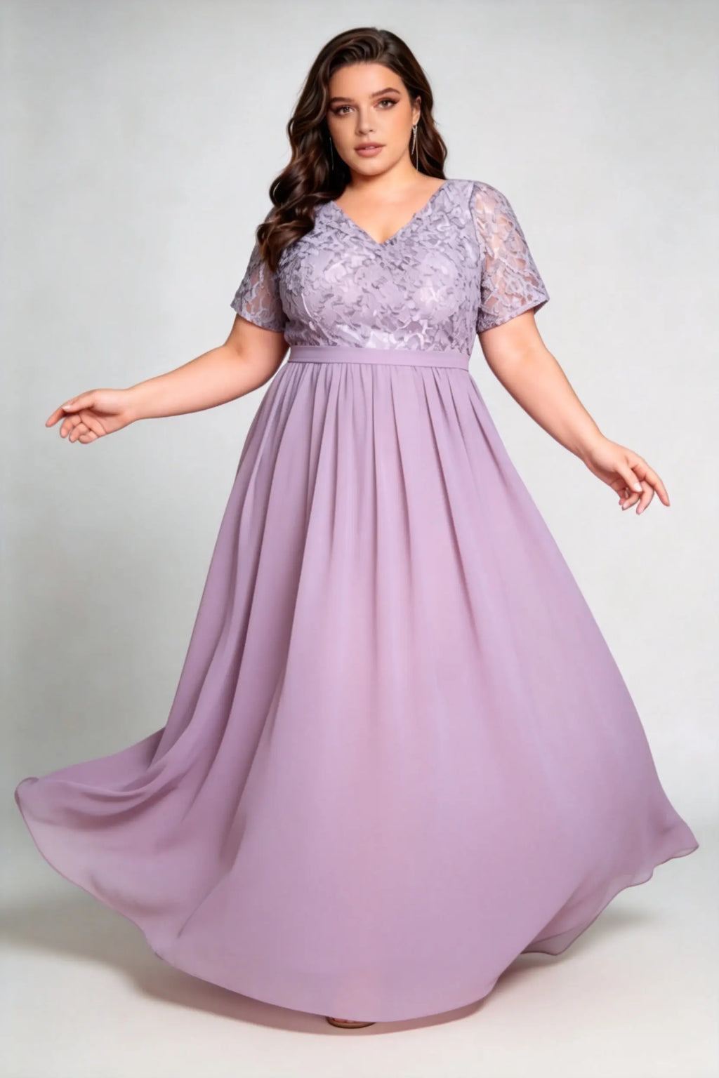 Curvy model wearing plus size purple v-neck floral lace evening gown - elegant short sleeve high-waist chiffon maxi dress