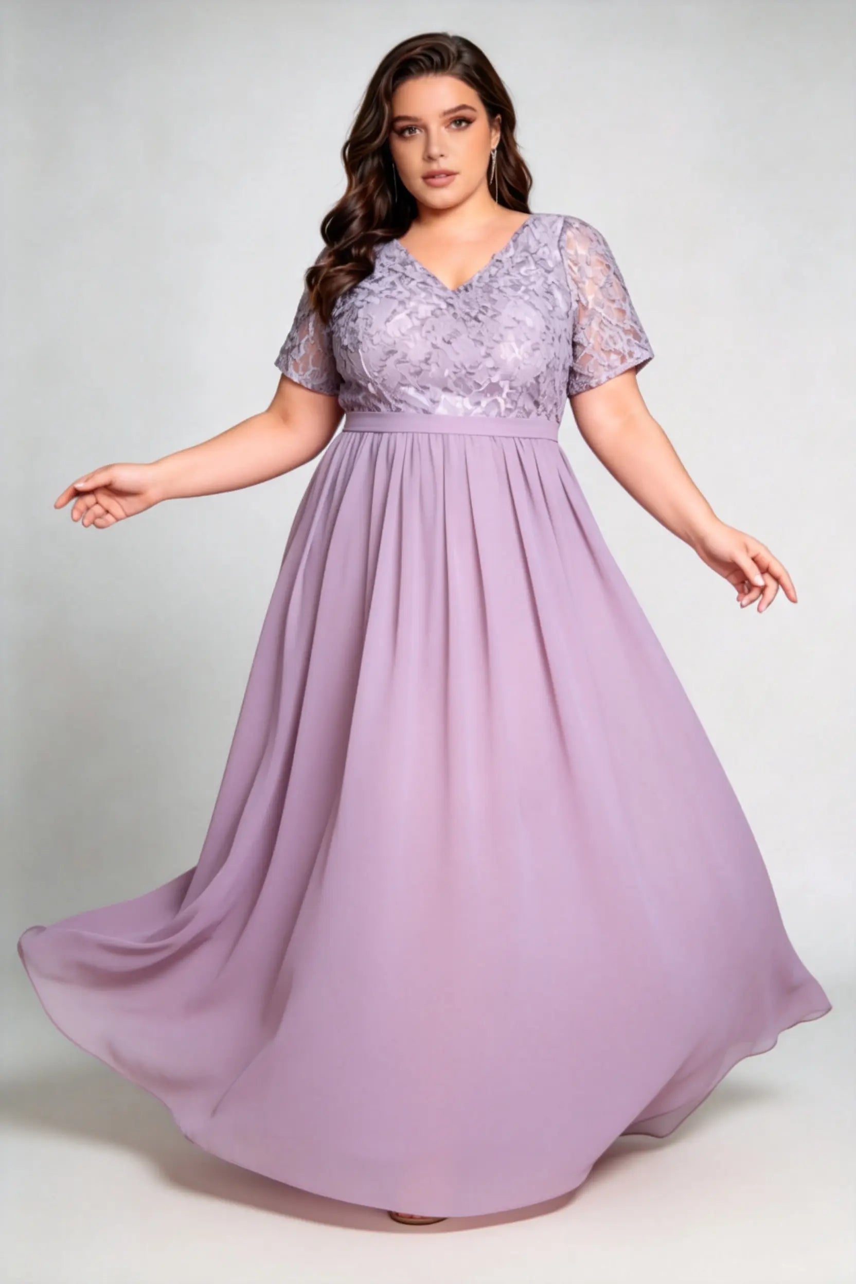 Curvy model wearing plus size purple v-neck floral lace evening gown - elegant short sleeve high-waist chiffon maxi dress
