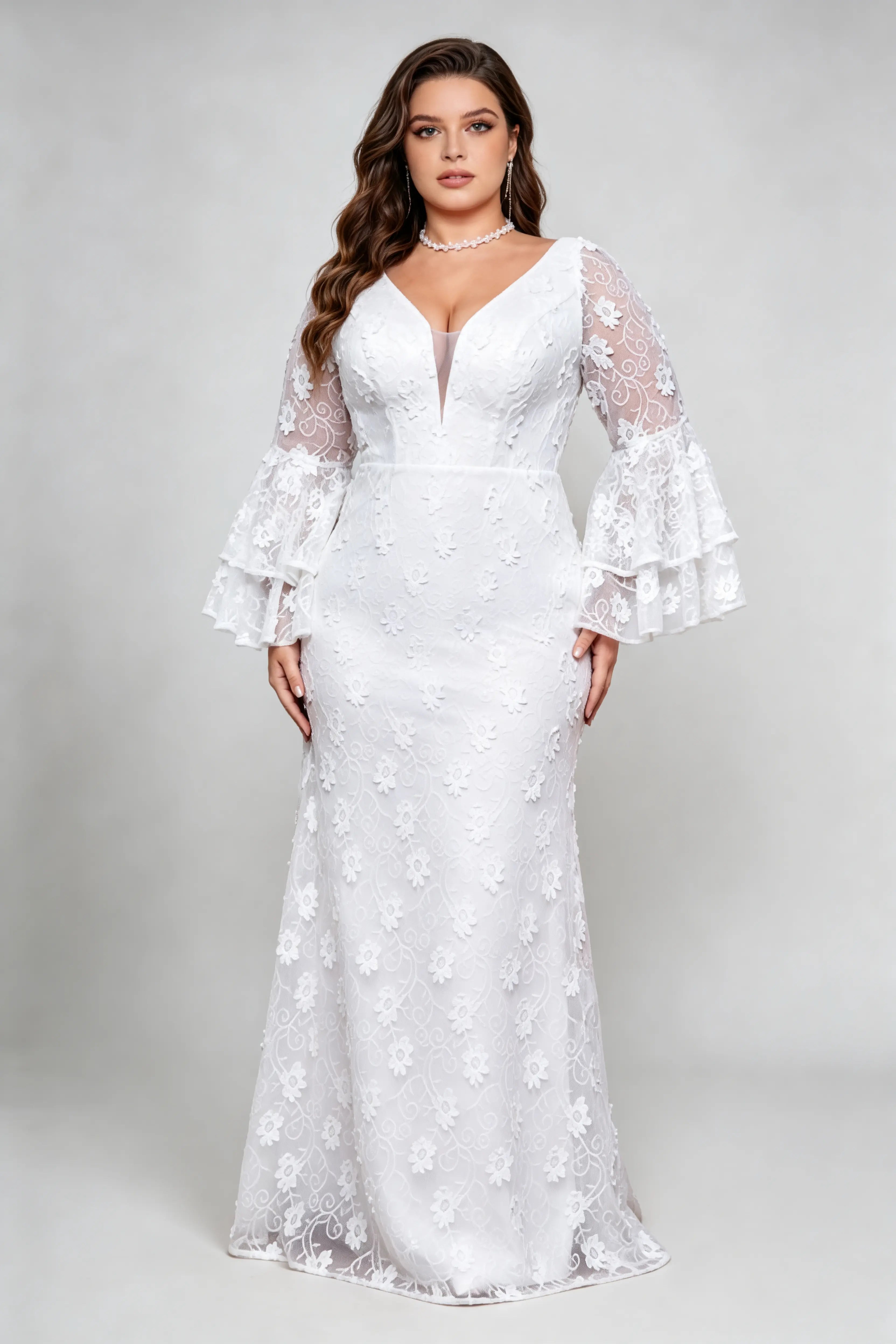 v neck wedding dress with bell sleeves Phoehua Plus Size White Lace Wedding Dress with Bell Sleeves (XL-4XL) – phoehua