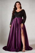 Curvy model wearing plus size black sequin v-neck long sleeve evening gown with high-slit satin skirt
