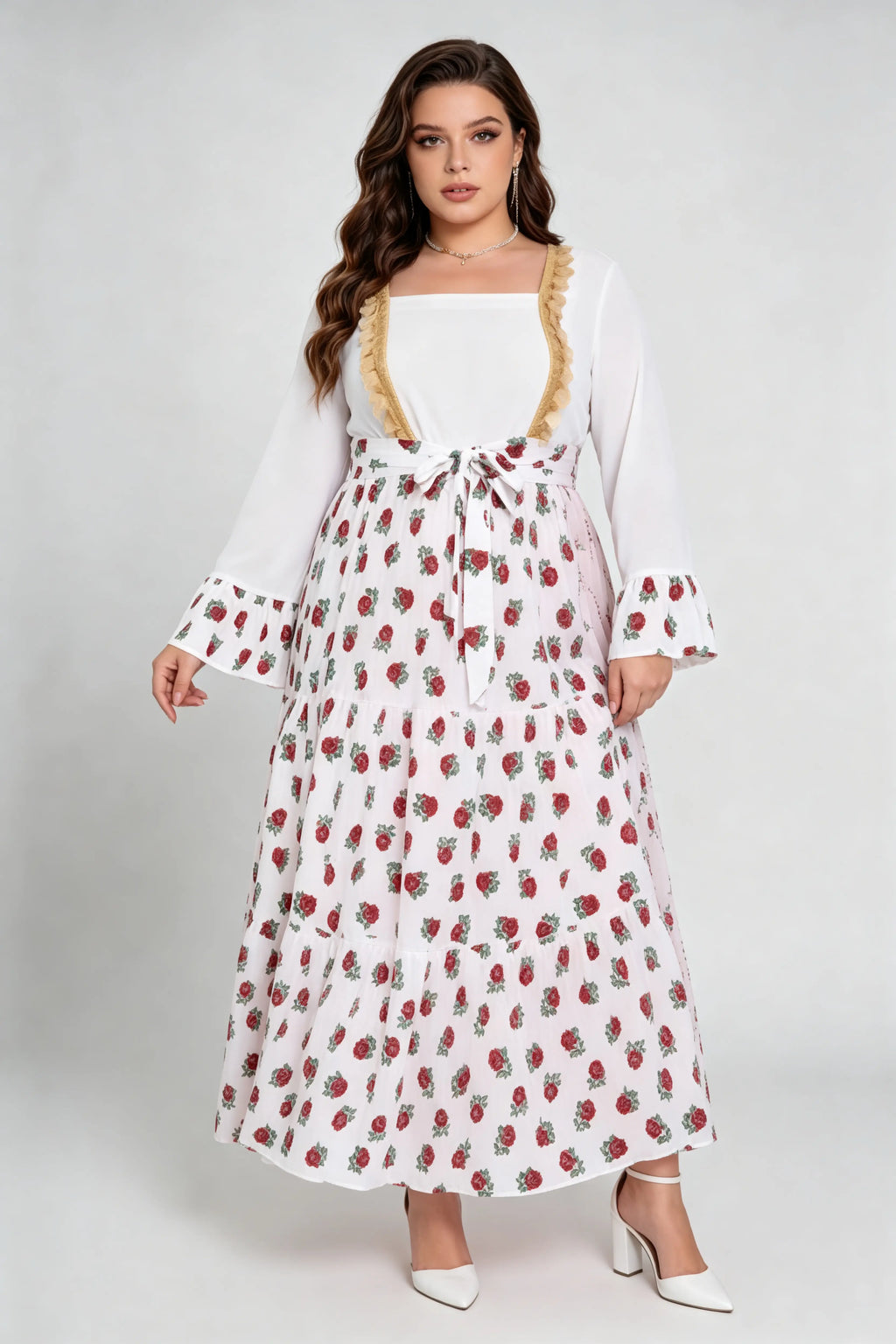 Curvy model wearing phoehua plus size cream square neck rose floral print tiered maxi dress with waist tie (xl-4xl)