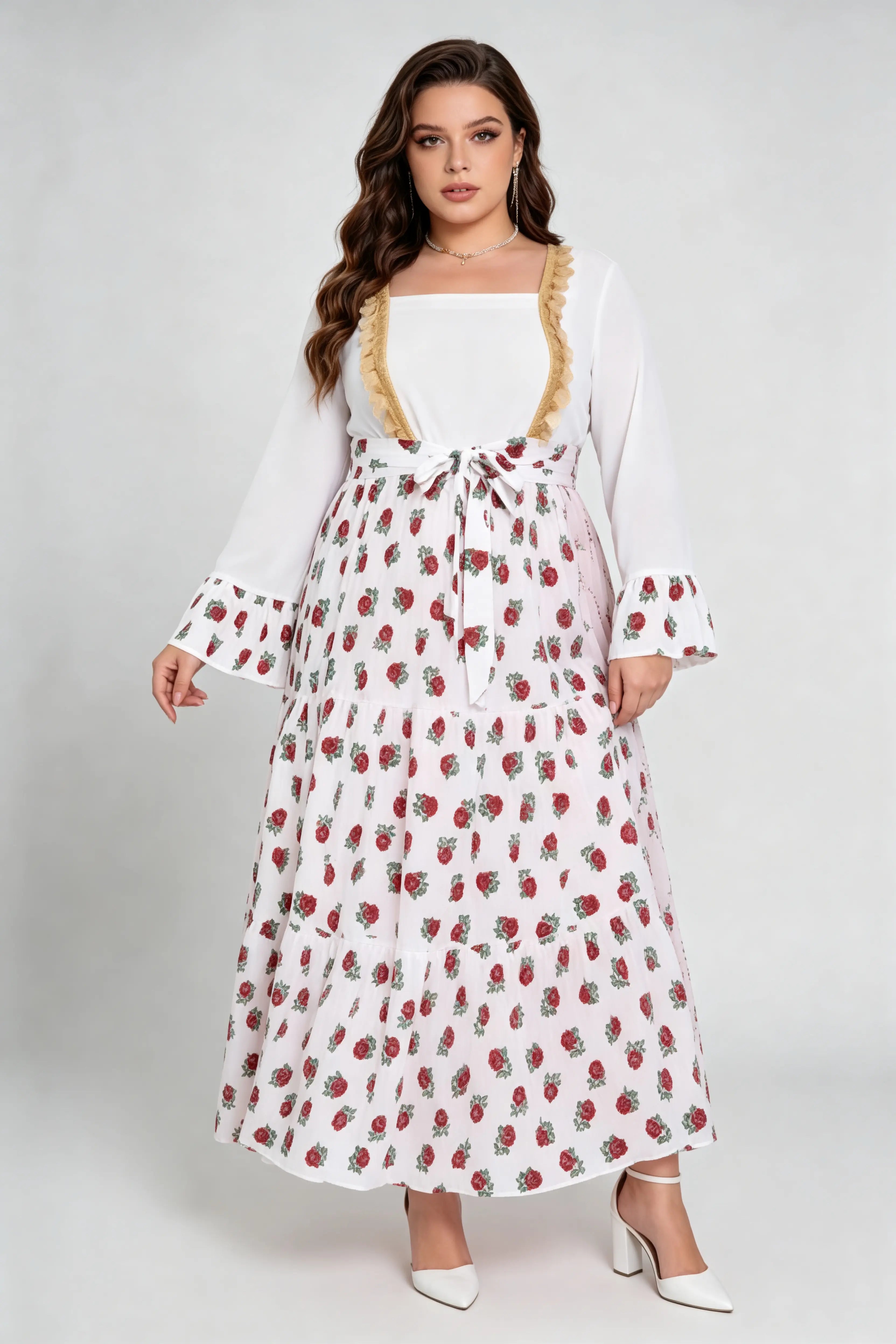 Curvy model wearing phoehua plus size cream square neck rose floral print tiered maxi dress with waist tie (xl-4xl)