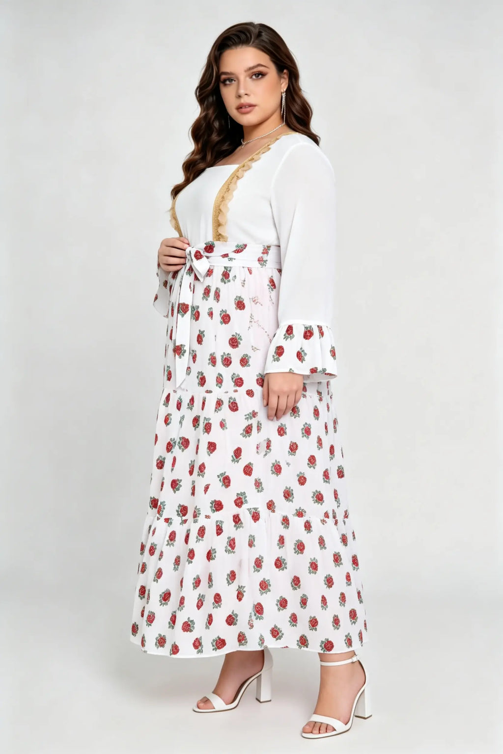 Curvy model wearing phoehua plus size cream square neck rose floral print tiered maxi dress with waist tie (xl-4xl)