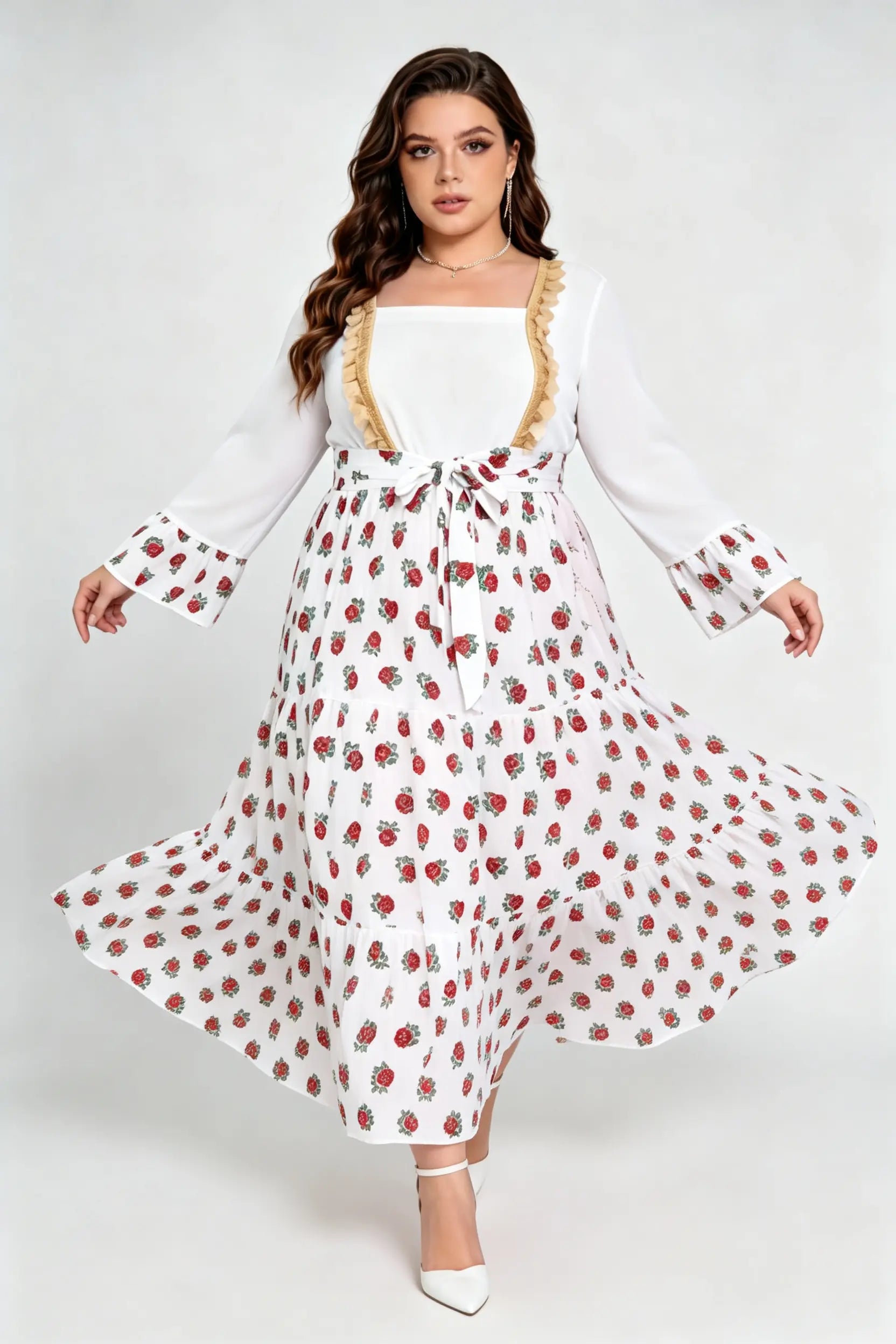 Curvy model wearing phoehua plus size cream square neck rose floral print tiered maxi dress with waist tie (xl-4xl)