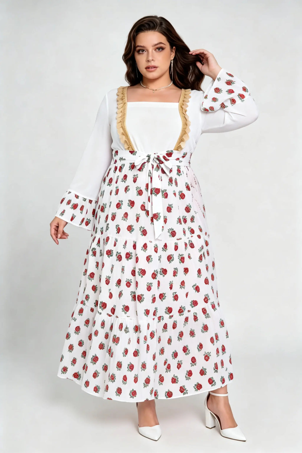 Curvy model wearing phoehua plus size cream square neck rose floral print tiered maxi dress with waist tie (xl-4xl)