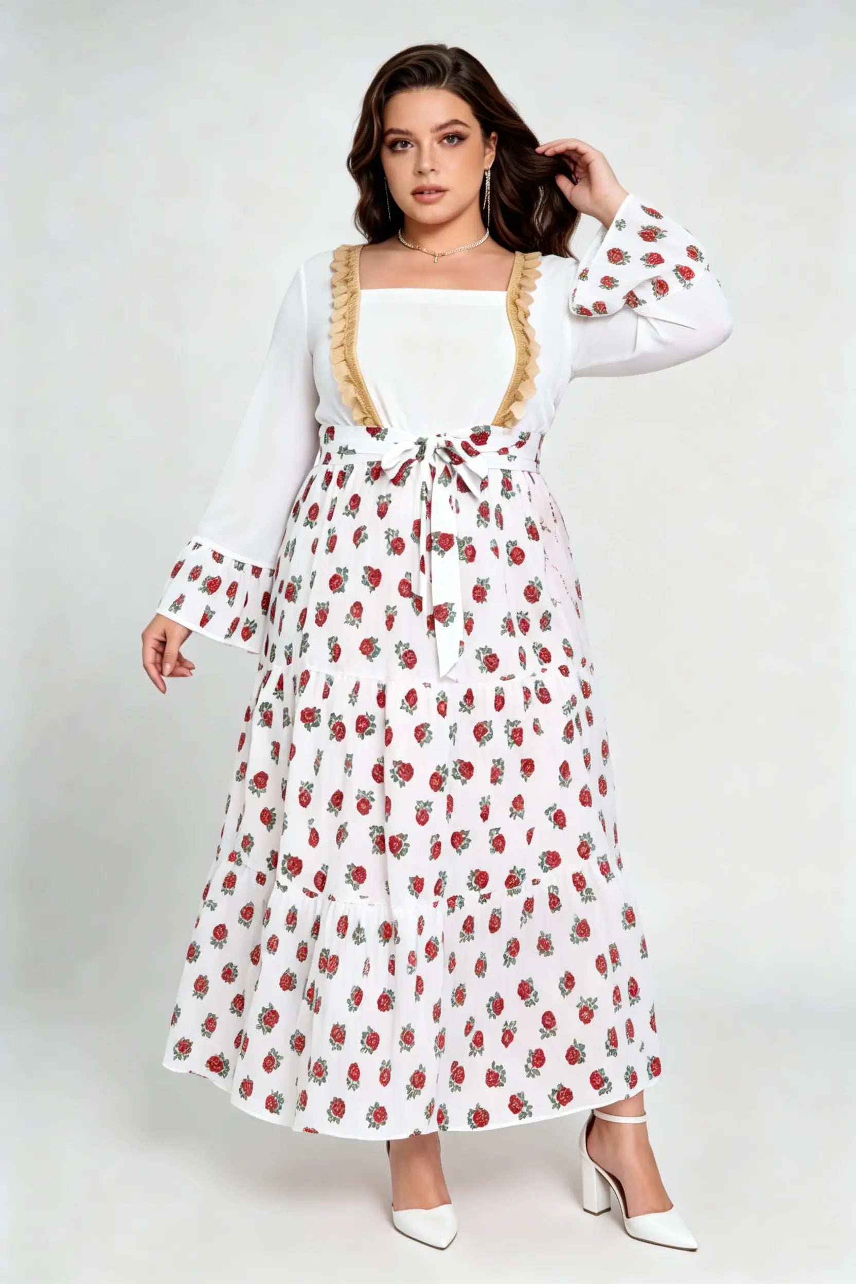 Curvy model wearing phoehua plus size cream square neck rose floral print tiered maxi dress with waist tie (xl-4xl)