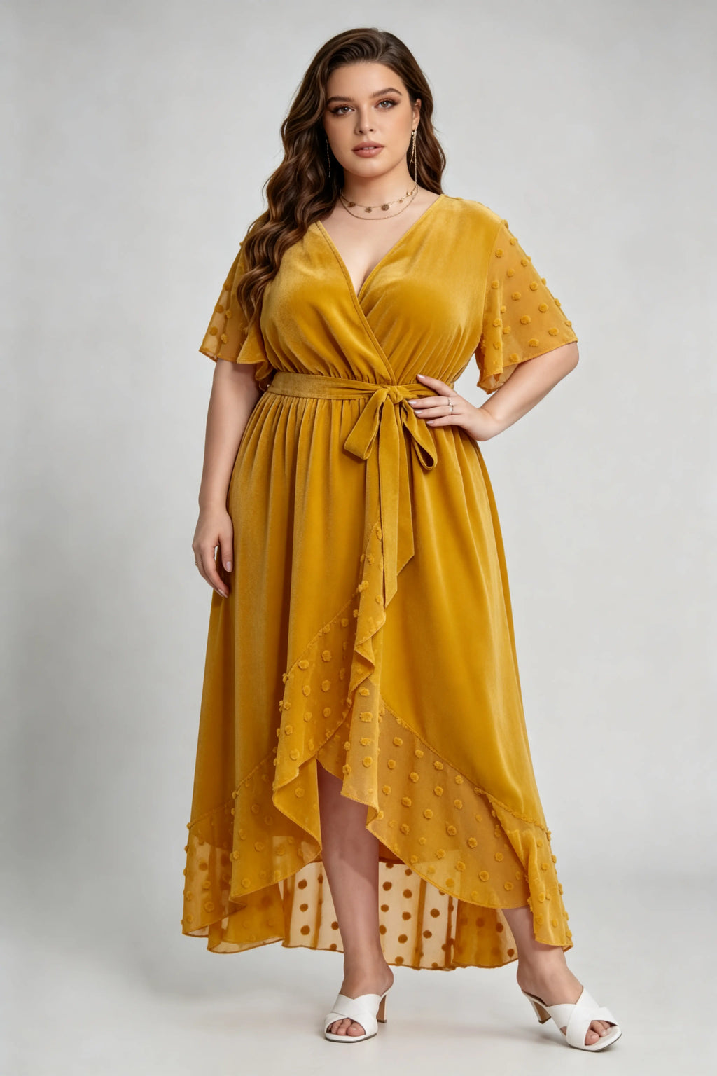 Curvy model wearing plus size mustard yellow velvet wrap high-low dress with swiss dot trim (xl-4xl)