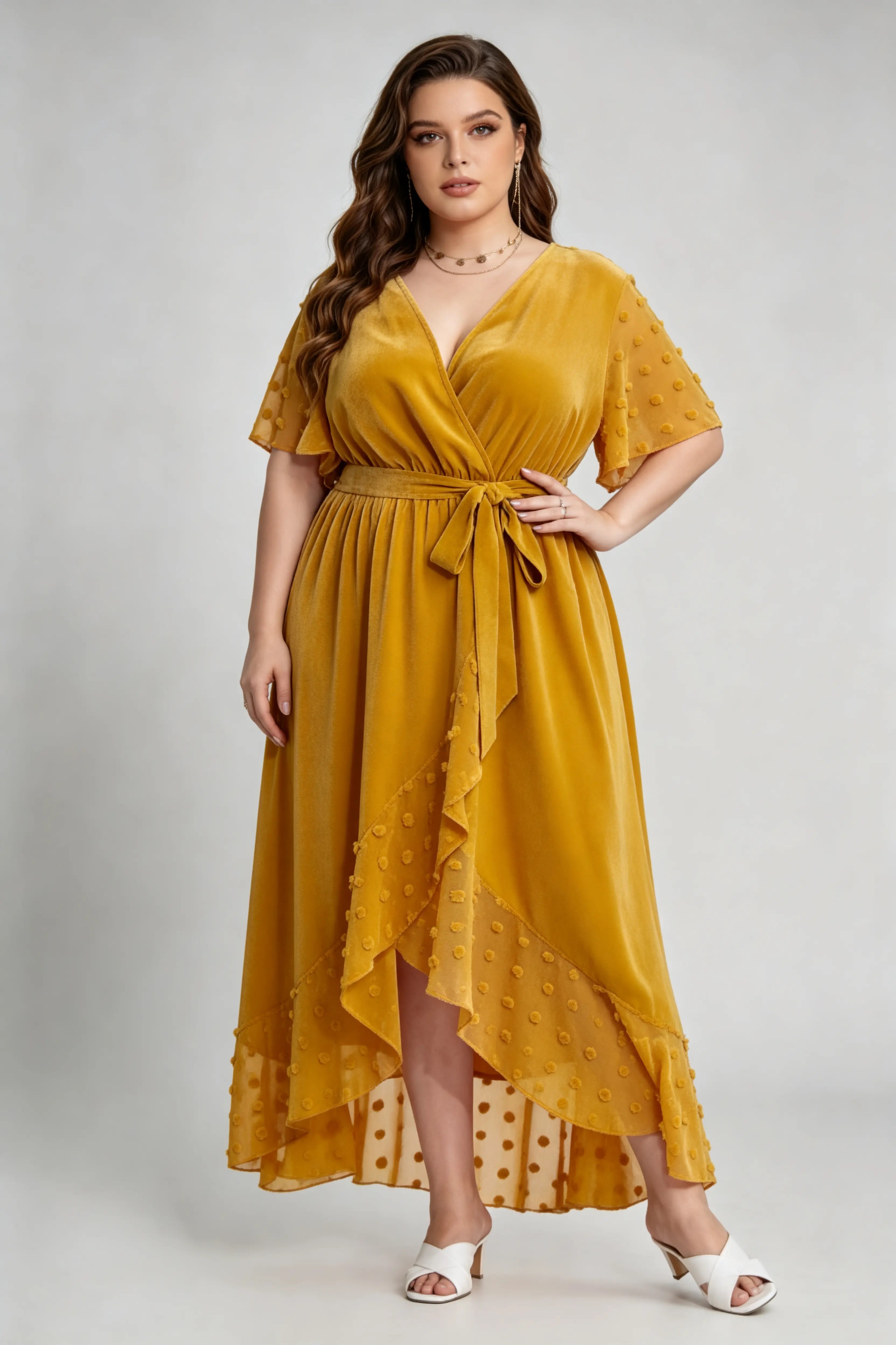 Curvy model wearing plus size mustard yellow velvet wrap high-low dress with swiss dot trim (xl-4xl)