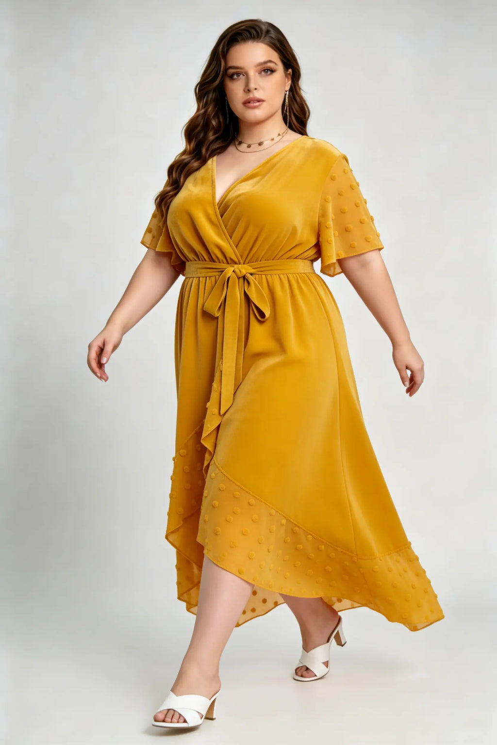 Curvy model wearing plus size mustard yellow velvet wrap high-low dress with swiss dot trim (xl-4xl)