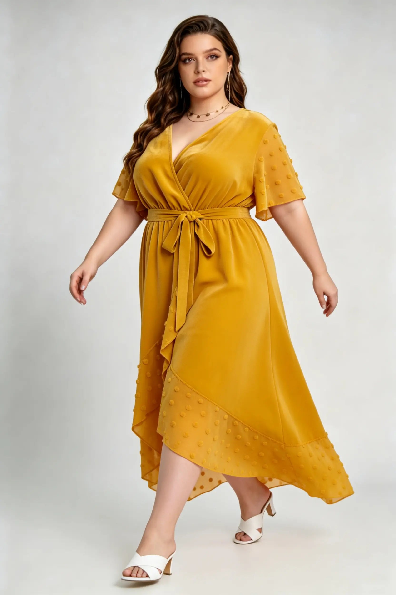 Curvy model wearing plus size mustard yellow velvet wrap high-low dress with swiss dot trim (xl-4xl)