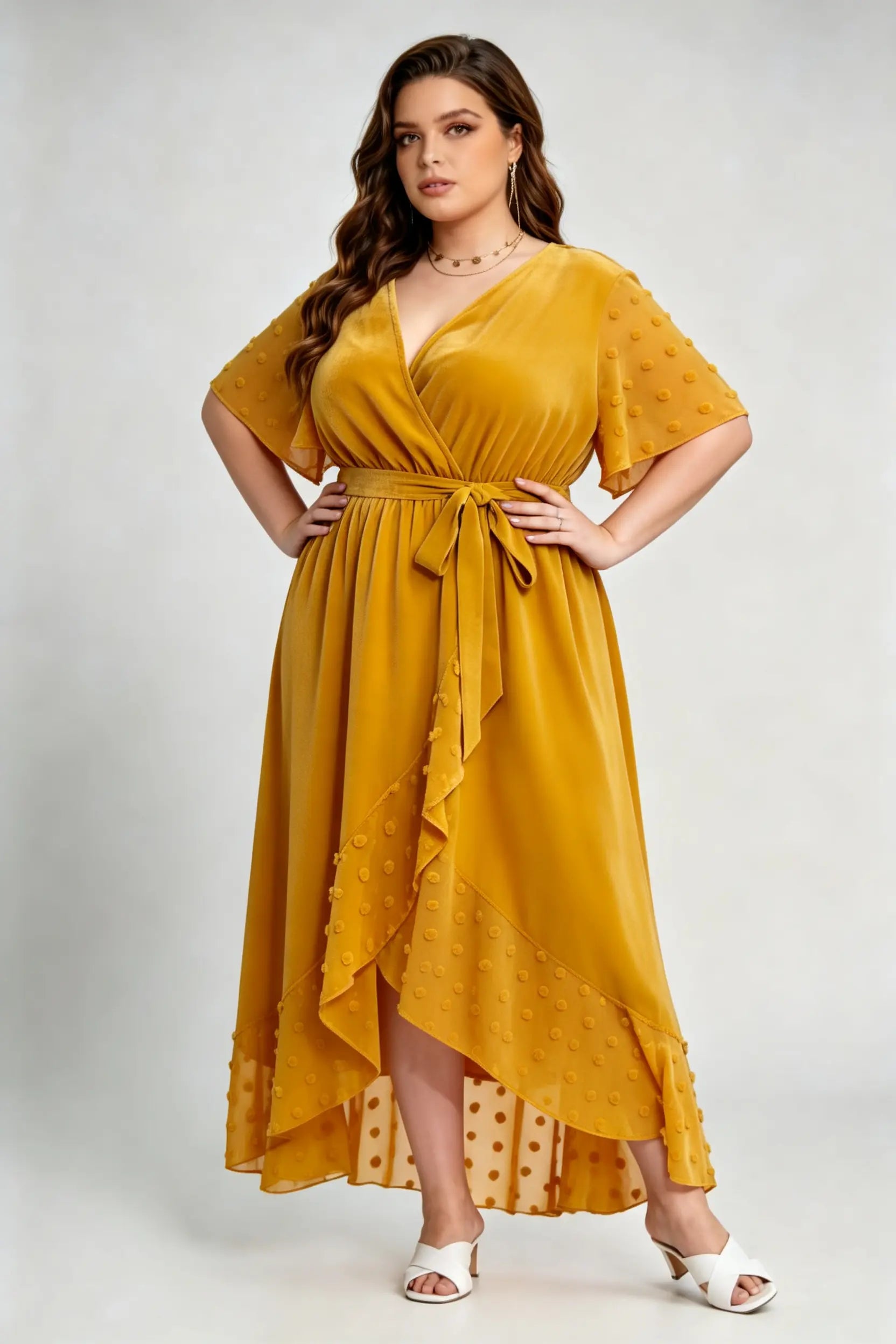 Curvy model wearing plus size mustard yellow velvet wrap high-low dress with swiss dot trim (xl-4xl)