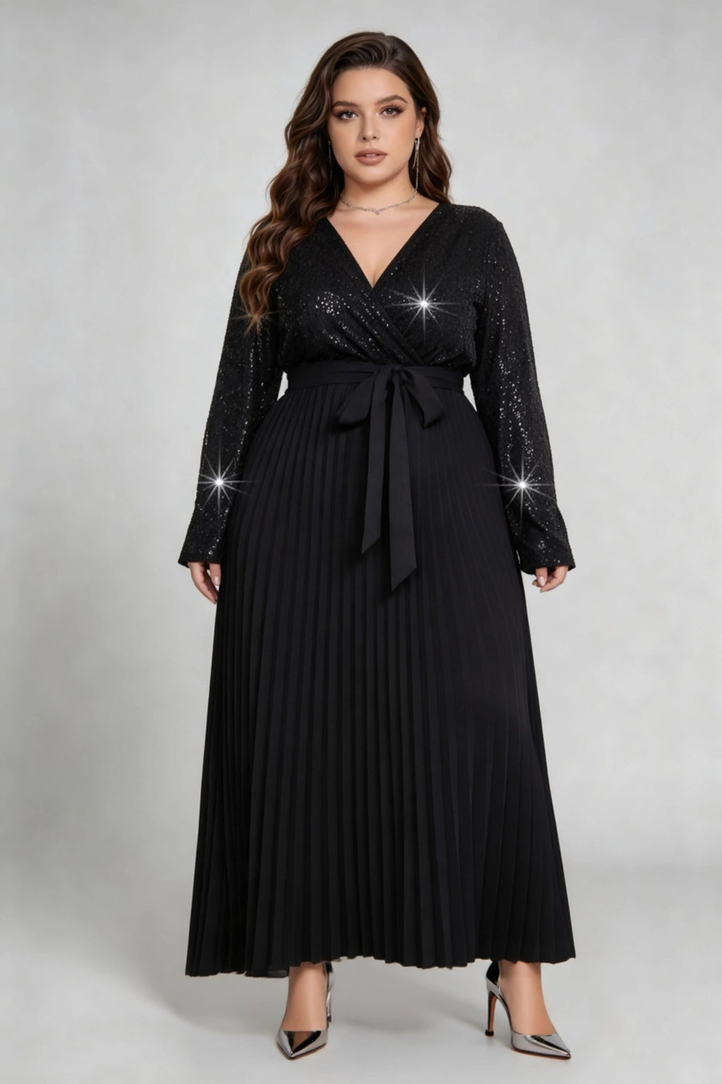 Curvy model wearing plus size black v-neck shimmering sequin pleated maxi dress with waist tie (xl-4xl)