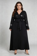 Curvy model wearing plus size black v-neck shimmering sequin pleated maxi dress with waist tie (xl-4xl)