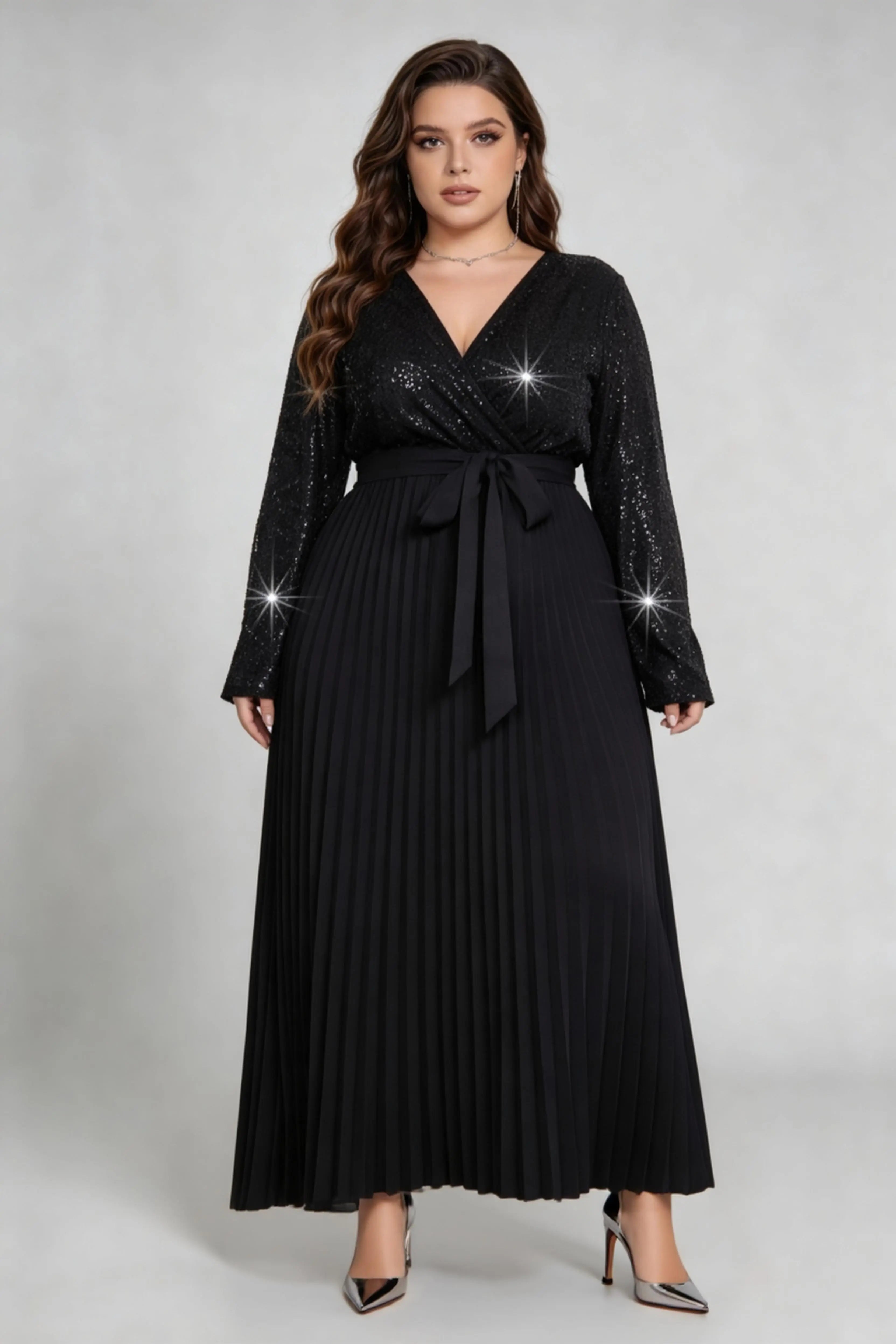 Curvy model wearing plus size black v-neck shimmering sequin pleated maxi dress with waist tie (xl-4xl)