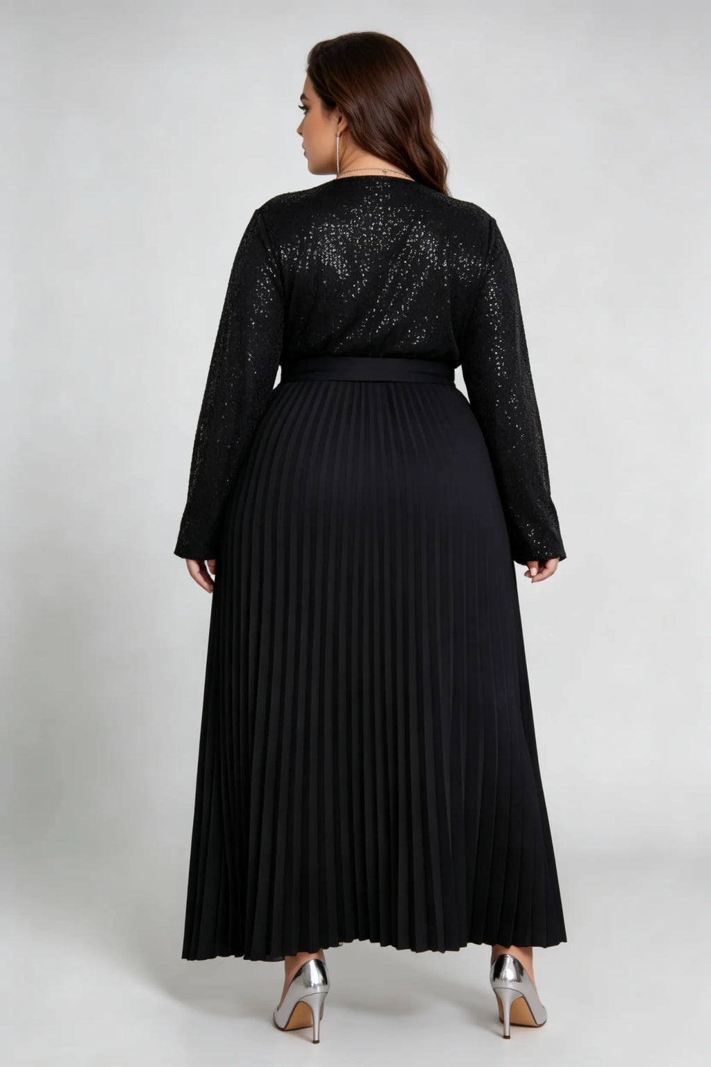Curvy model wearing plus size black v-neck shimmering sequin pleated maxi dress with waist tie (xl-4xl)