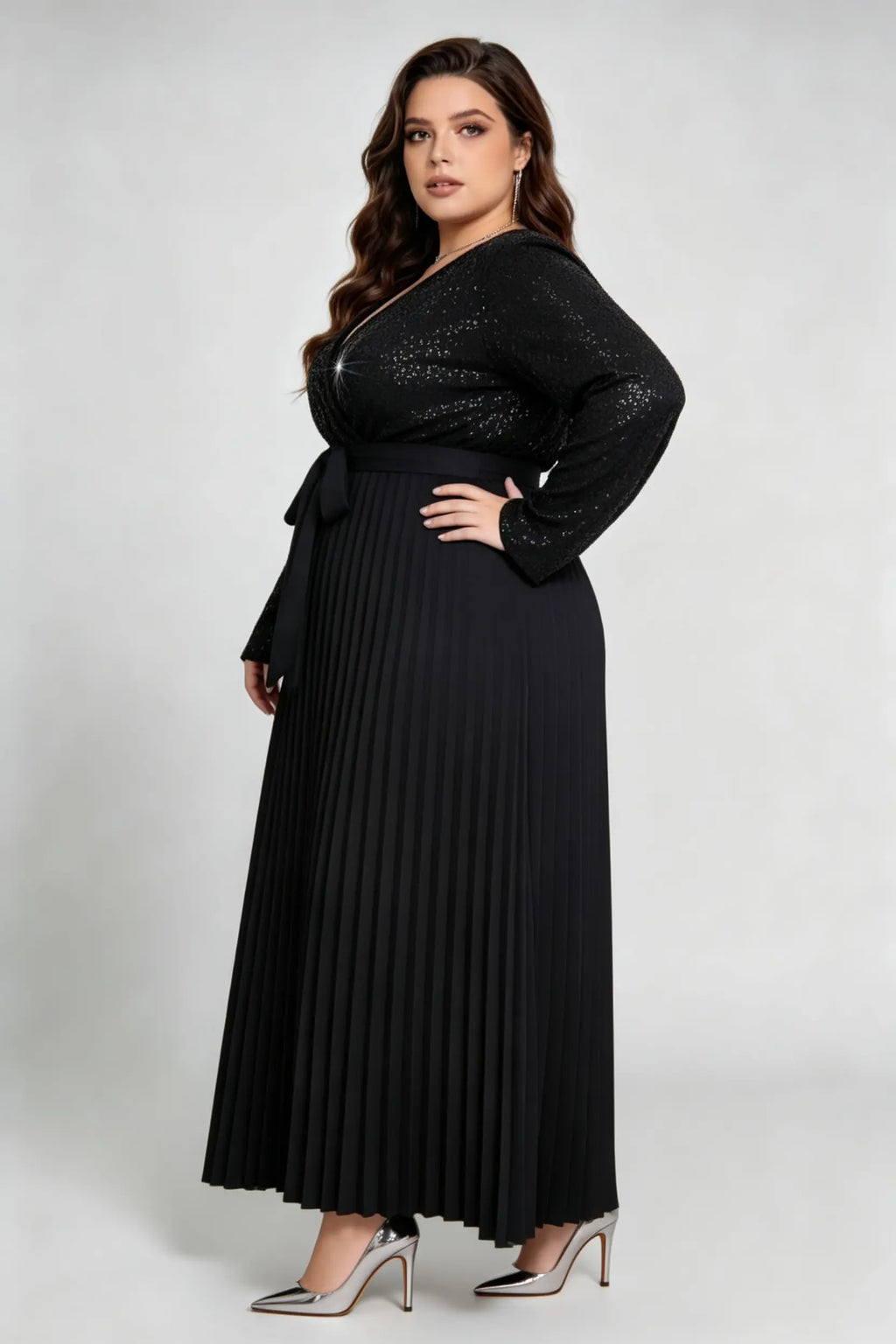 Curvy model wearing plus size black v-neck shimmering sequin pleated maxi dress with waist tie (xl-4xl)