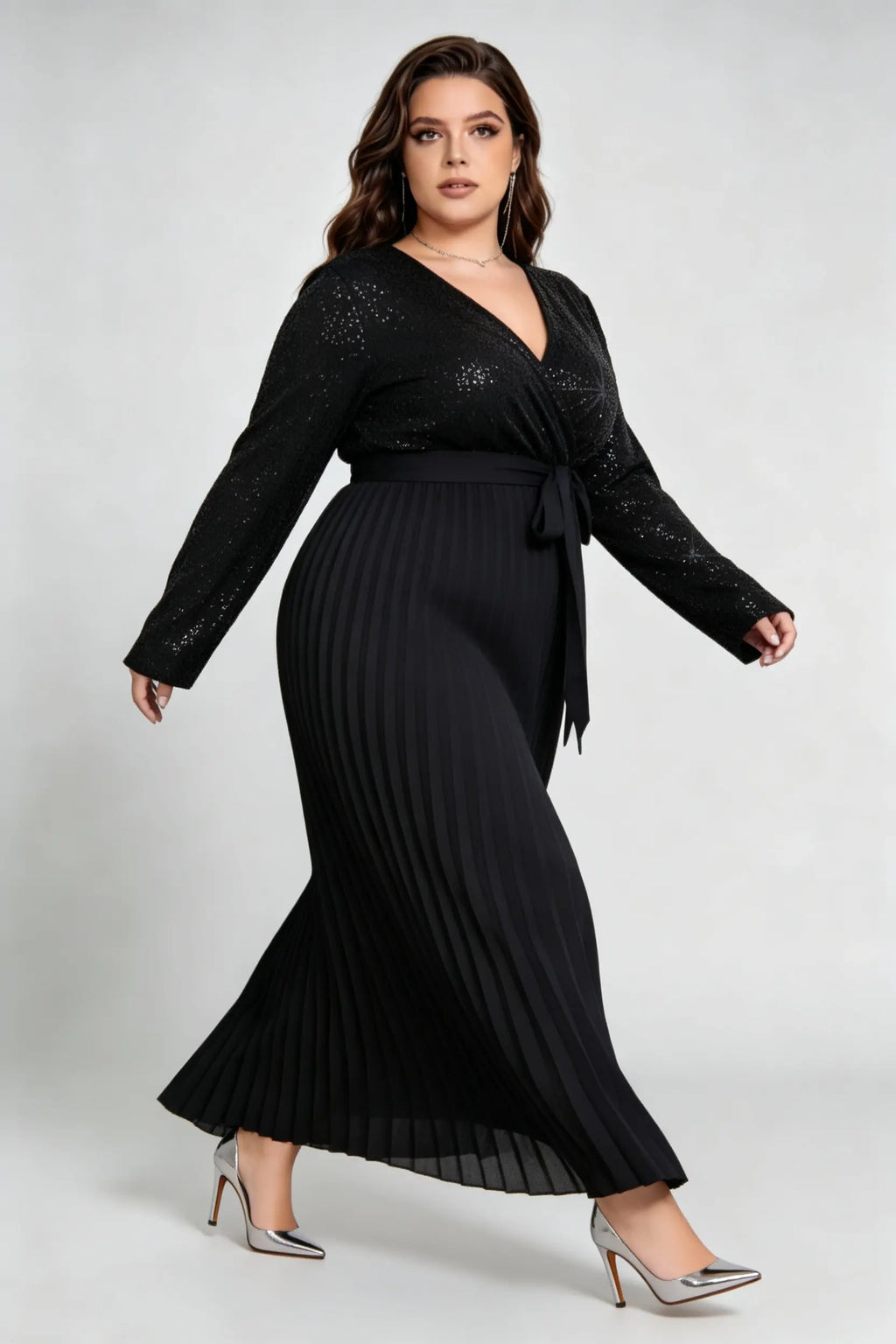 Curvy model wearing plus size black v-neck shimmering sequin pleated maxi dress with waist tie (xl-4xl)