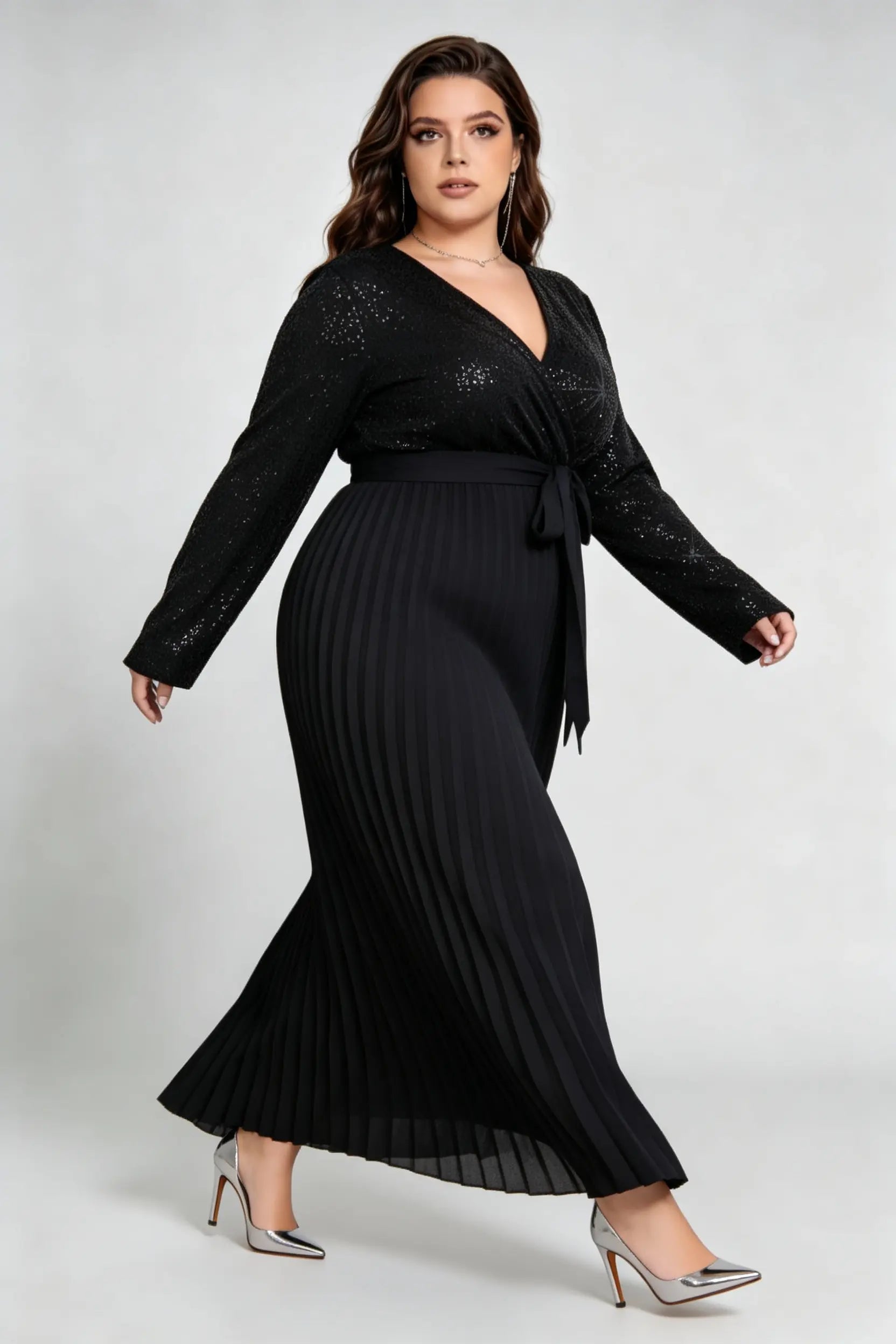Curvy model wearing plus size black v-neck shimmering sequin pleated maxi dress with waist tie (xl-4xl)