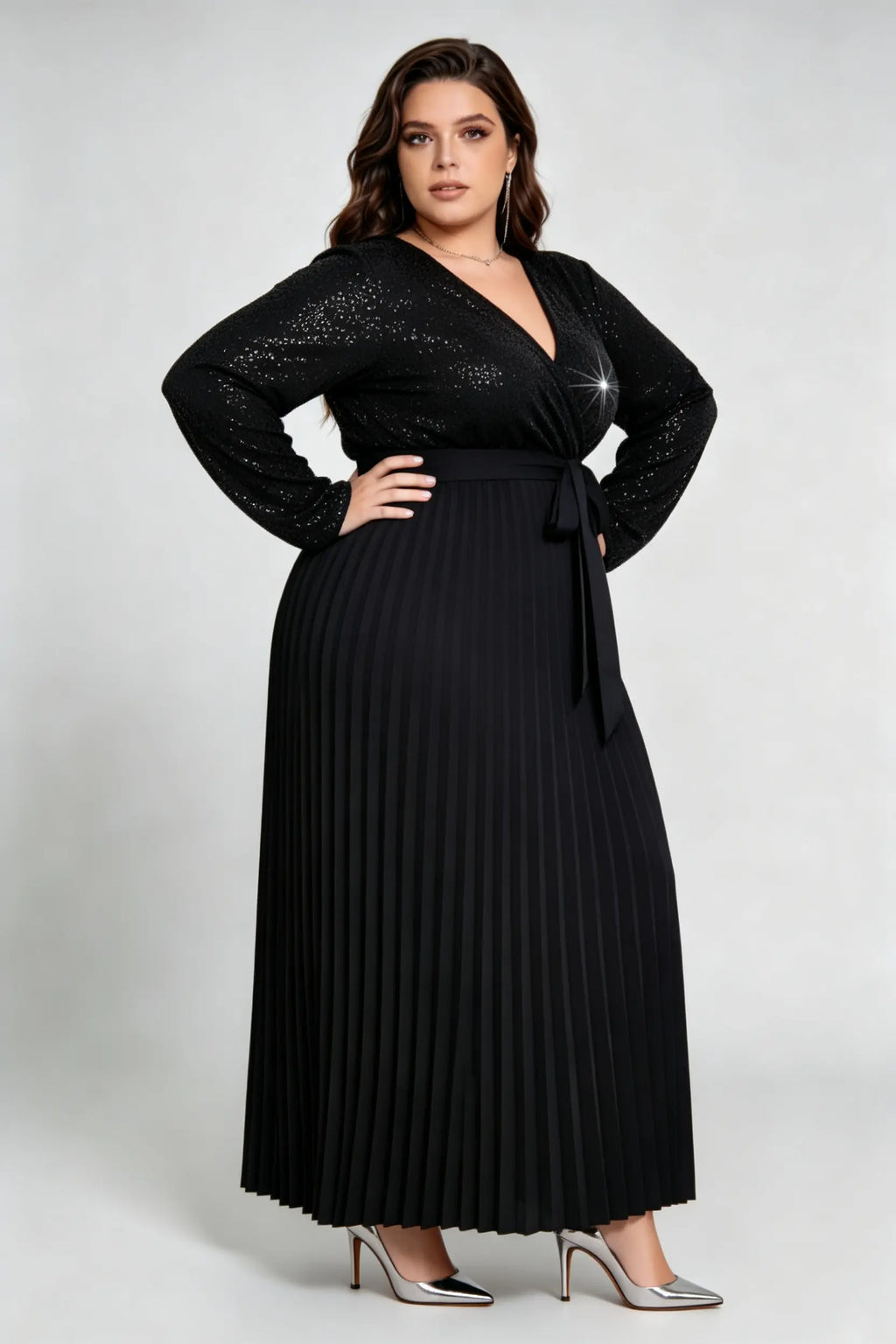 Curvy model wearing plus size black v-neck shimmering sequin pleated maxi dress with waist tie (xl-4xl)