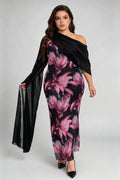 Curvy model wearing plus size one-shoulder floral mesh maxi dress with attachable shawl scarf (xl-4xl)