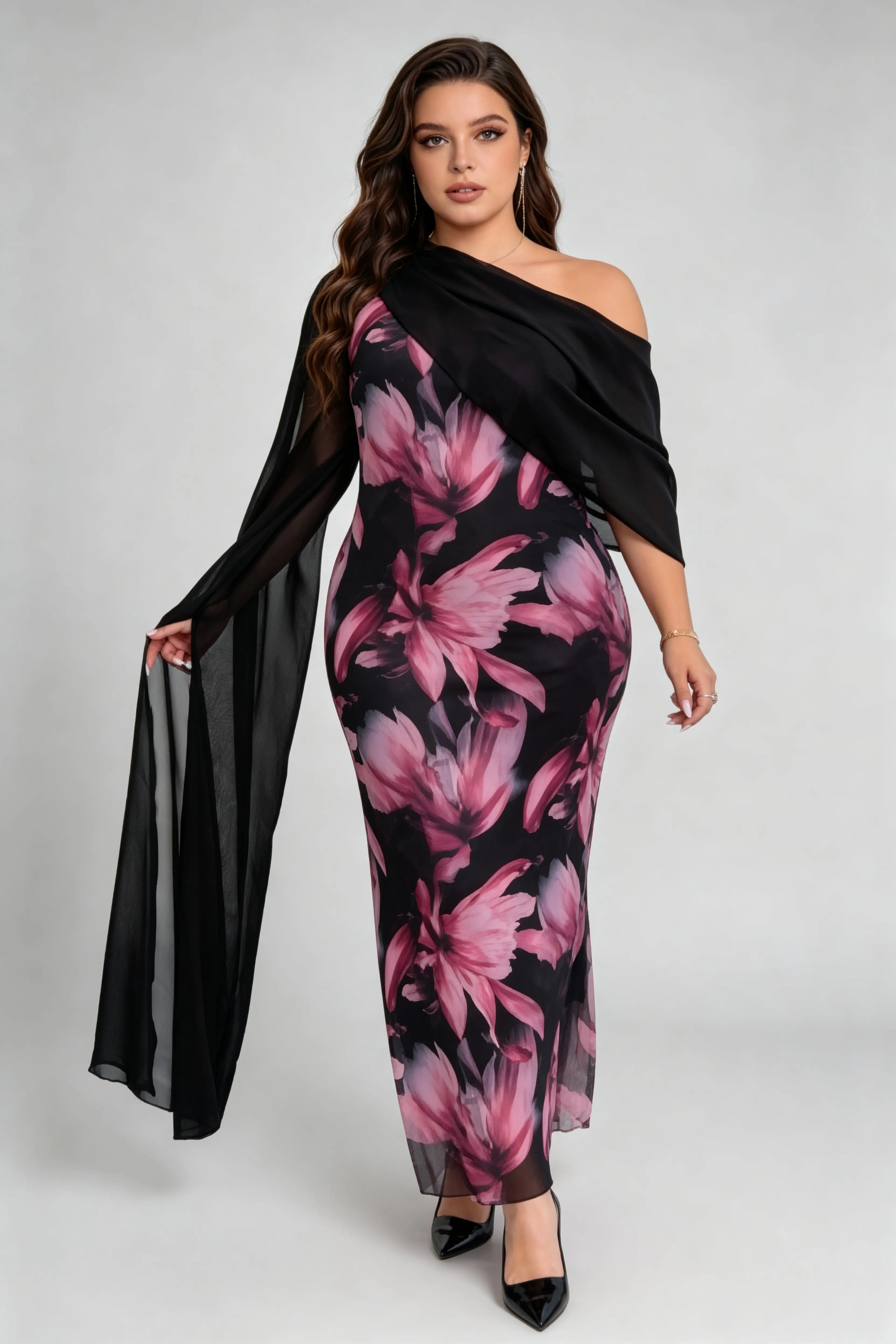 Curvy model wearing plus size one-shoulder floral mesh maxi dress with attachable shawl scarf (xl-4xl)
