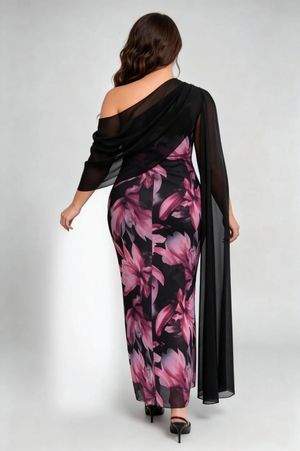 Curvy model wearing plus size one-shoulder floral mesh maxi dress with attachable shawl scarf (xl-4xl)