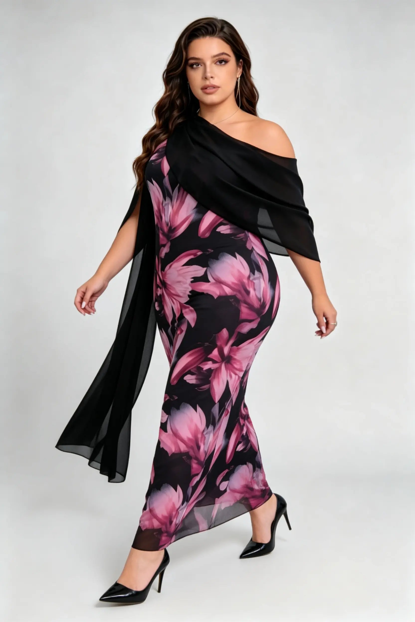 Curvy model wearing plus size one-shoulder floral mesh maxi dress with attachable shawl scarf (xl-4xl)