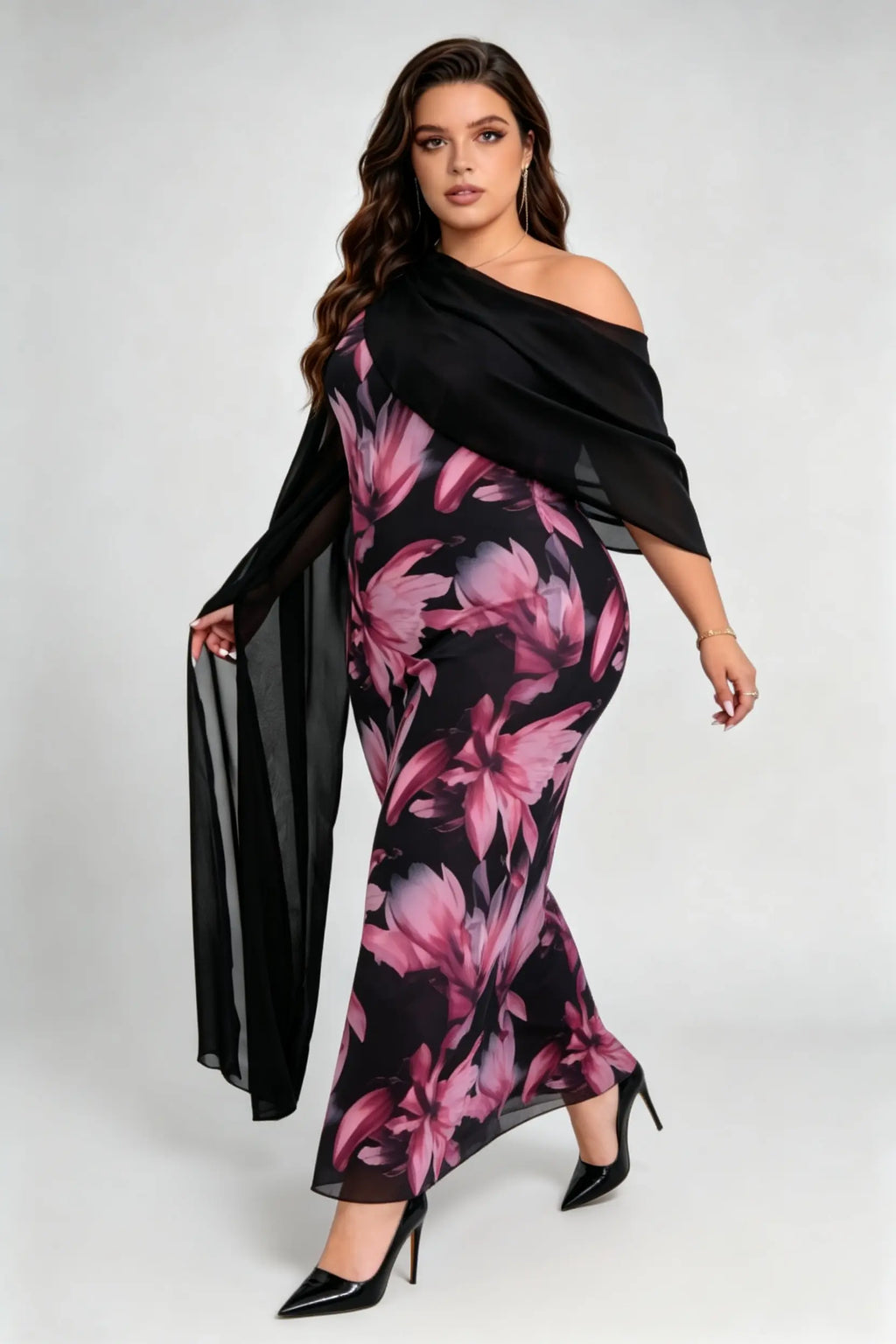 Curvy model wearing plus size one-shoulder floral mesh maxi dress with attachable shawl scarf (xl-4xl)