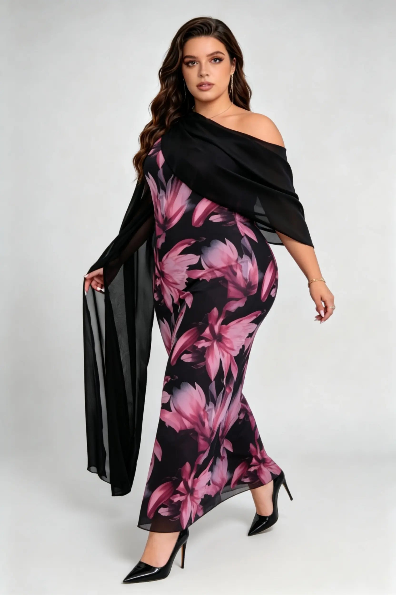 Curvy model wearing plus size one-shoulder floral mesh maxi dress with attachable shawl scarf (xl-4xl)