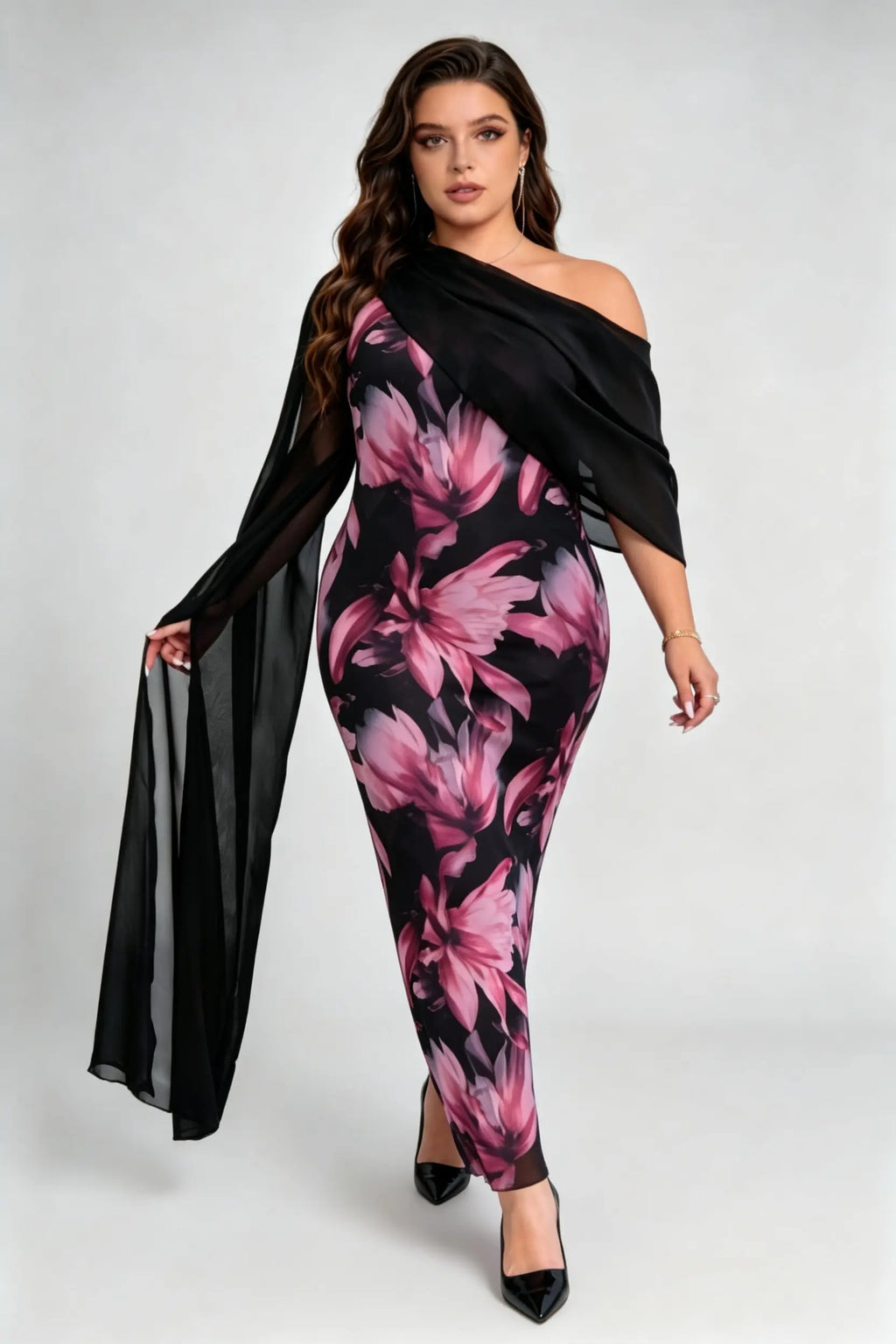 Curvy model wearing plus size one-shoulder floral mesh maxi dress with attachable shawl scarf (xl-4xl)