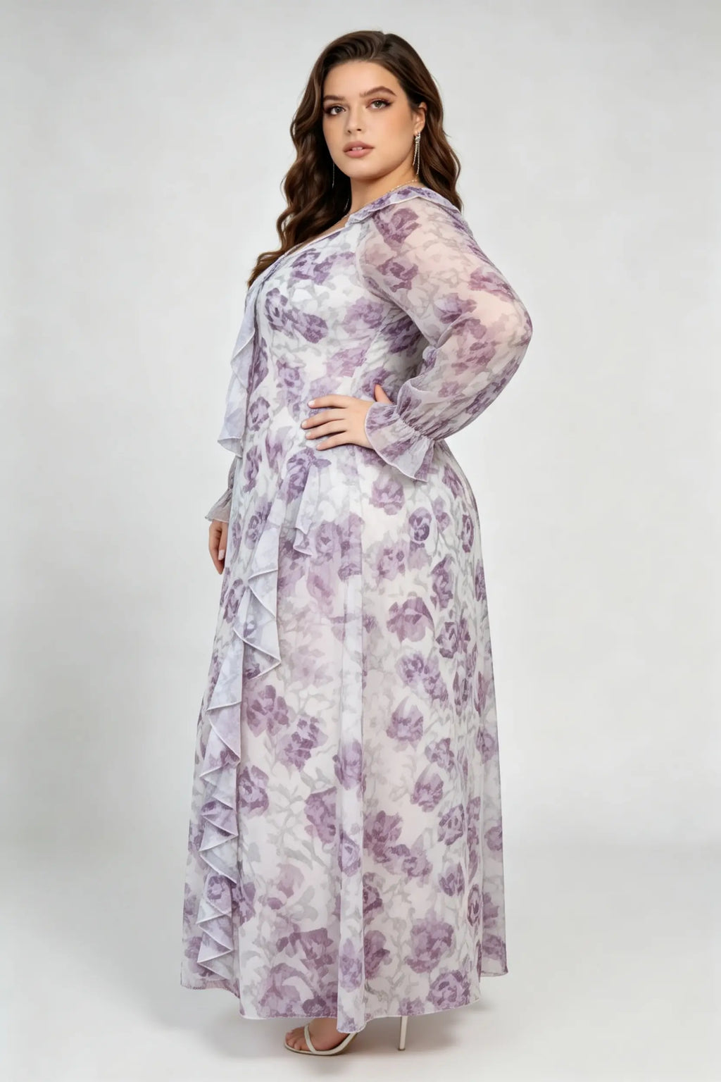 Curvy model wearing plus size cream v-neck long sleeves romantic purple floral ruffle maxi dress