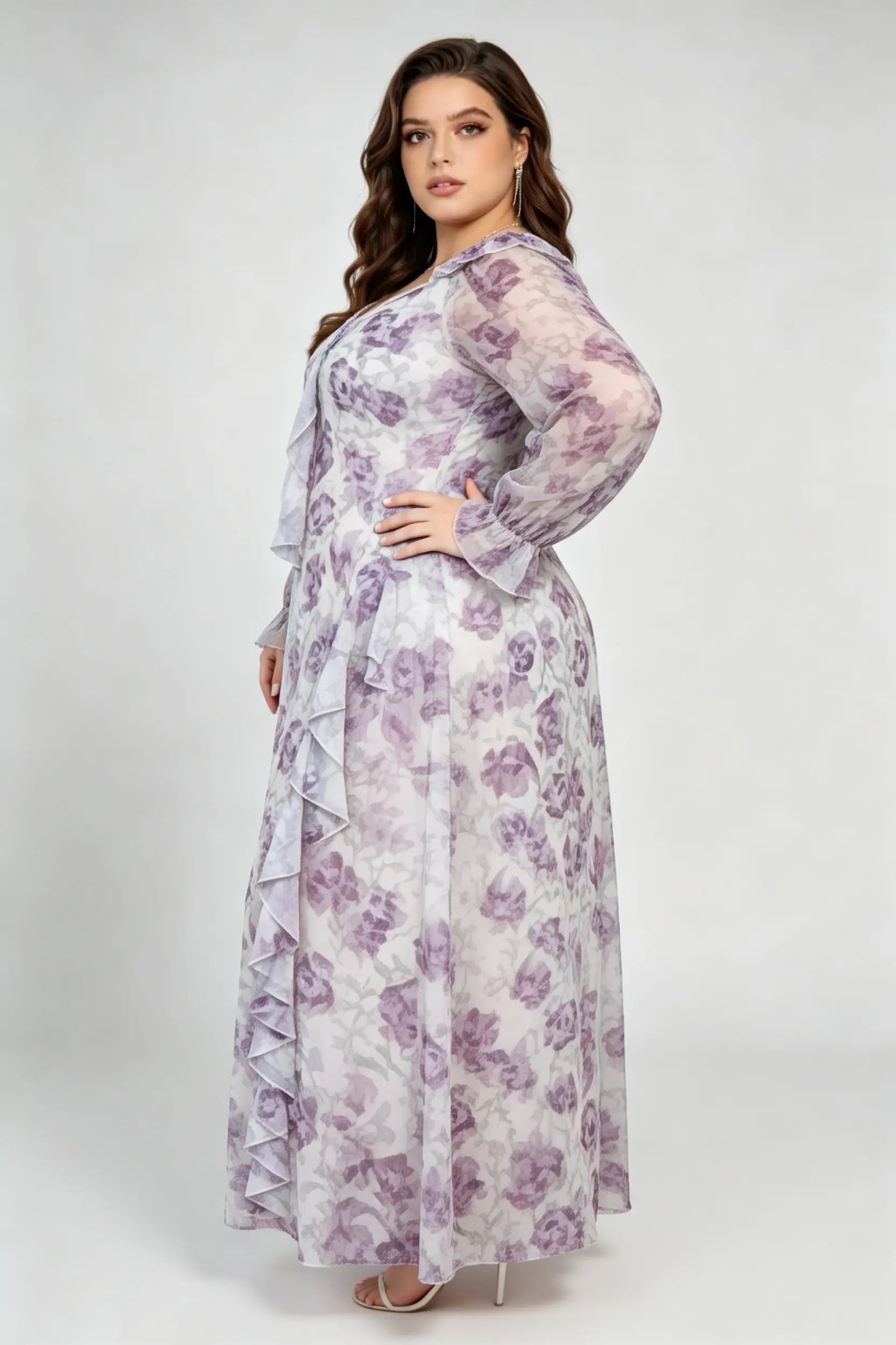 Curvy model wearing plus size cream v-neck long sleeves romantic purple floral ruffle maxi dress
