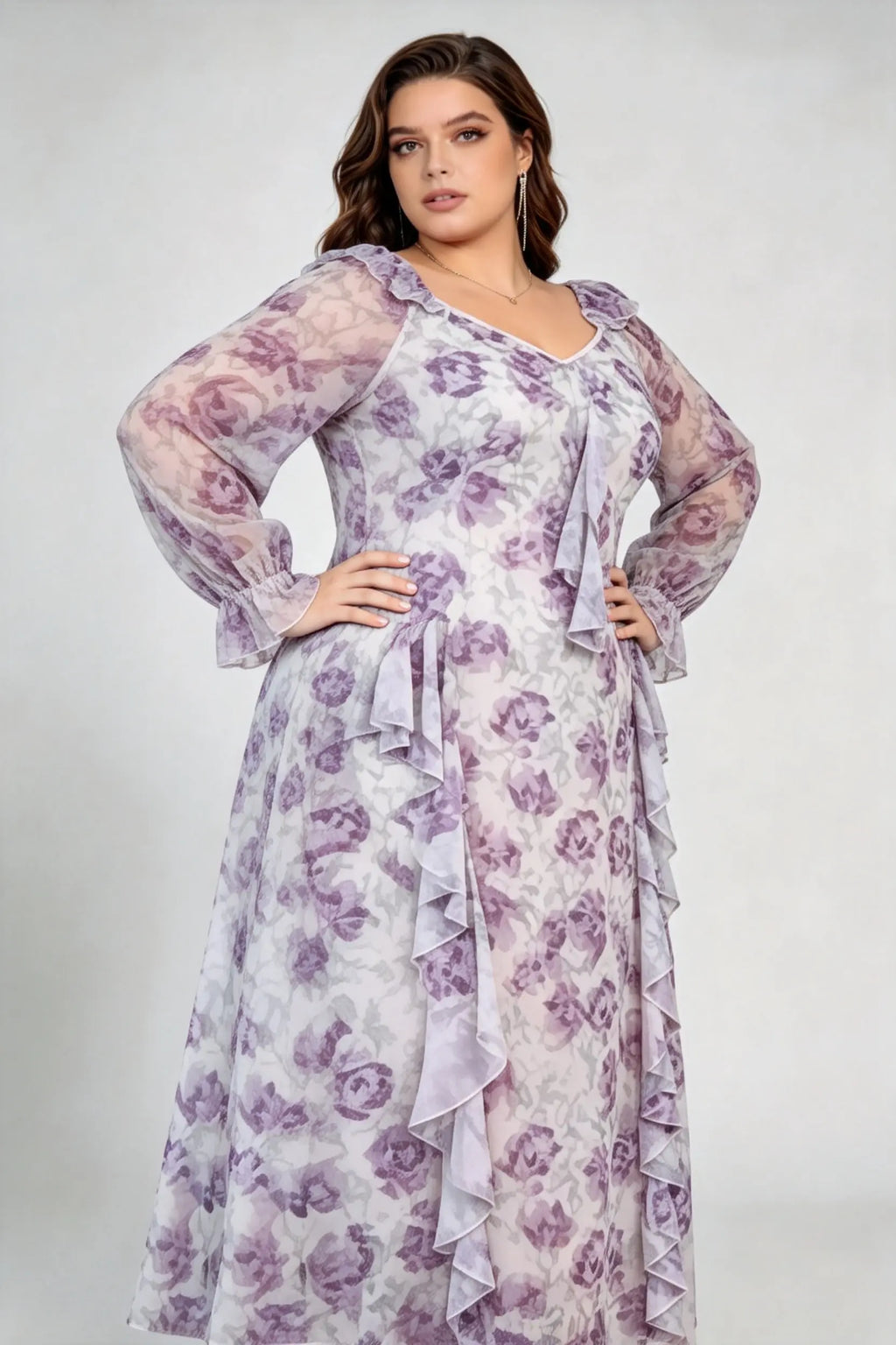 Curvy model wearing plus size cream v-neck long sleeves romantic purple floral ruffle maxi dress
