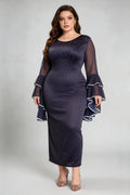 Curvy model wearing plus size black leopard print bodycon maxi dress with dramatic bell sleeves