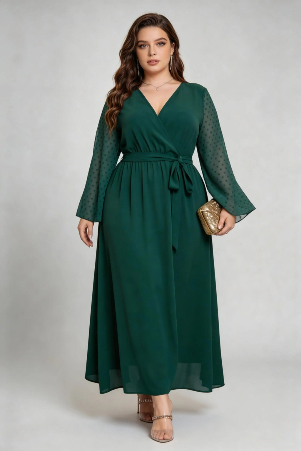 Curvy model wearing phoehua plus size olive-green emerald green faux-wrap sheer dot sleeve maxi dress