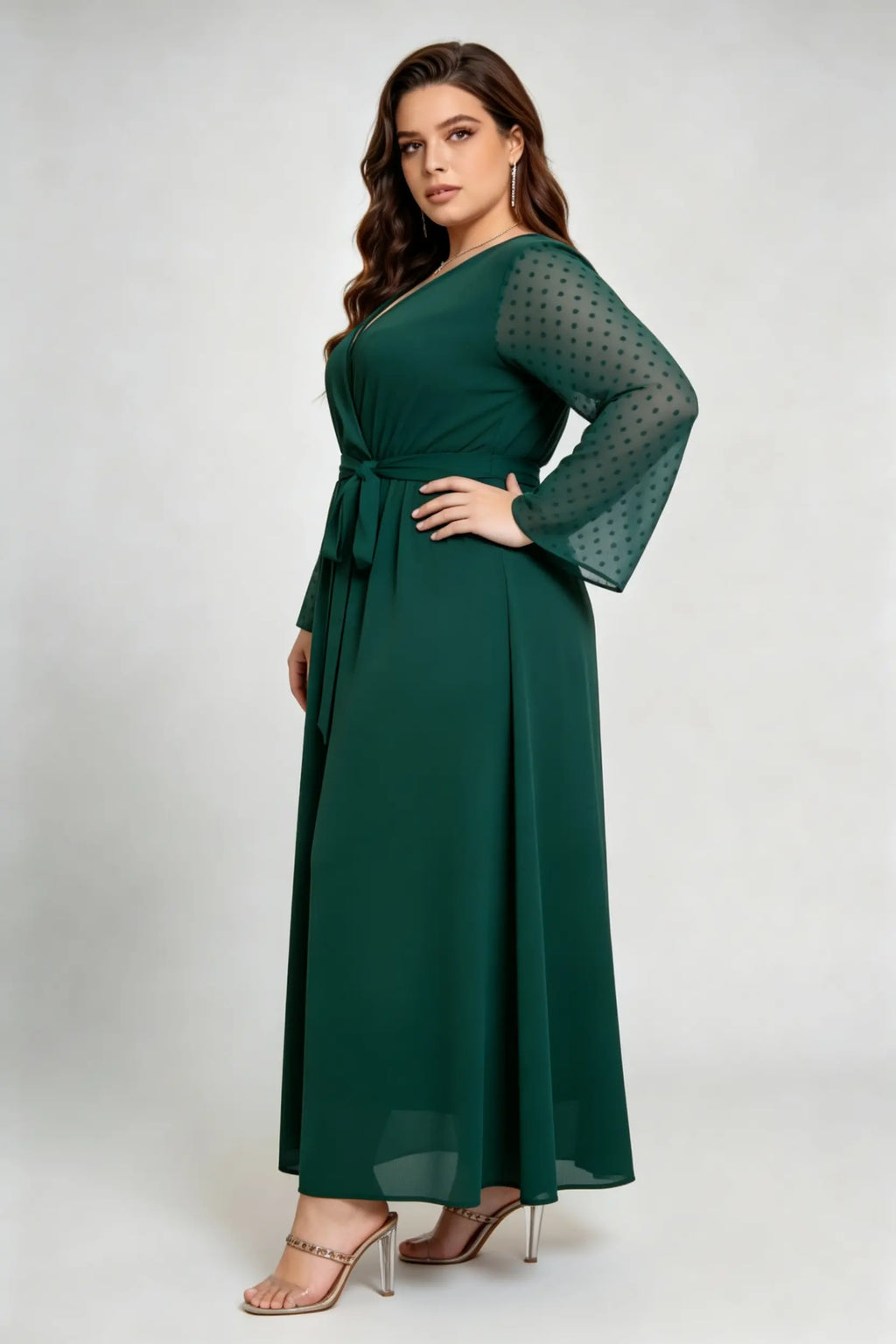 Curvy model wearing phoehua plus size olive-green emerald green faux-wrap sheer dot sleeve maxi dress