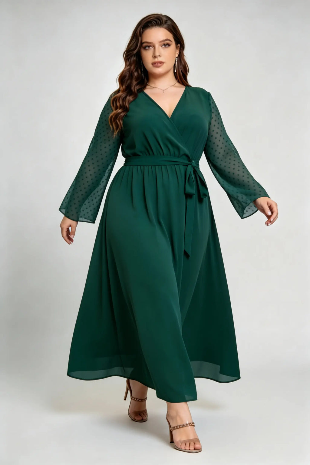 Curvy model wearing phoehua plus size olive-green emerald green faux-wrap sheer dot sleeve maxi dress