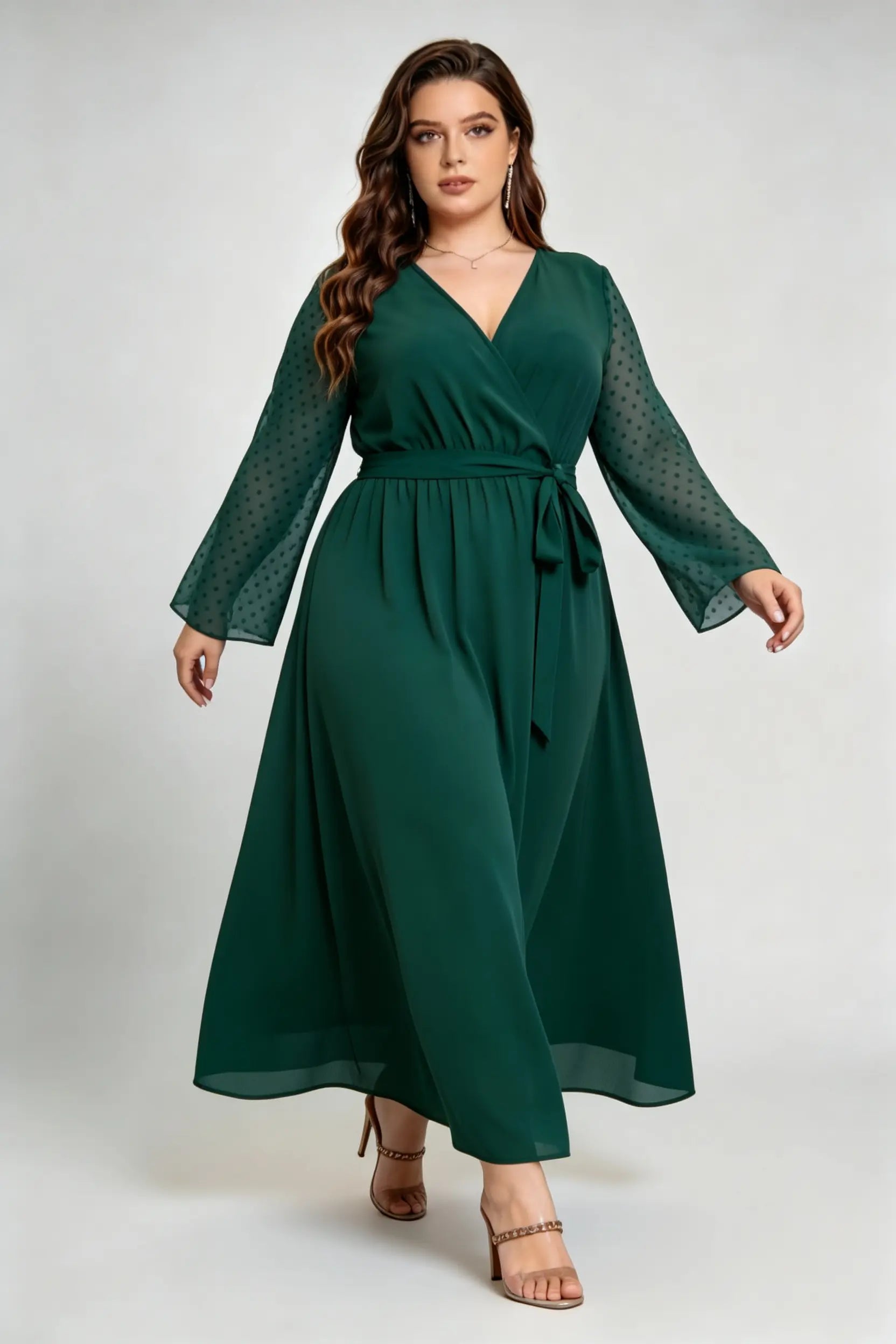 Curvy model wearing phoehua plus size olive-green emerald green faux-wrap sheer dot sleeve maxi dress
