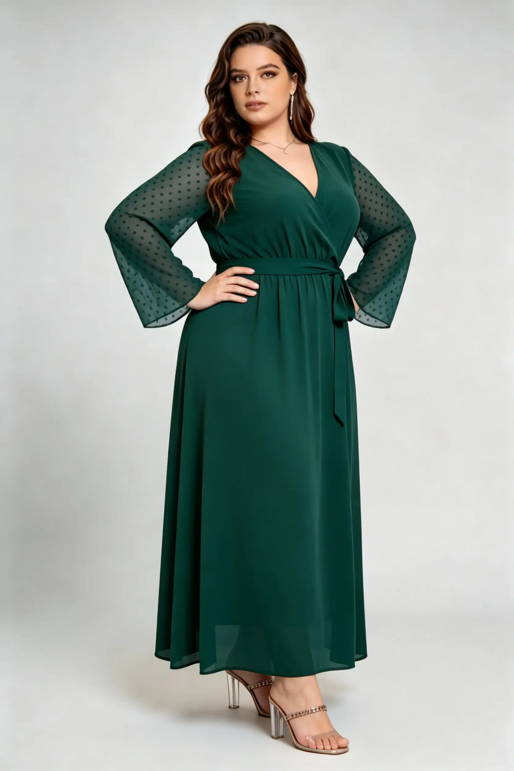 Curvy model wearing phoehua plus size olive-green emerald green faux-wrap sheer dot sleeve maxi dress