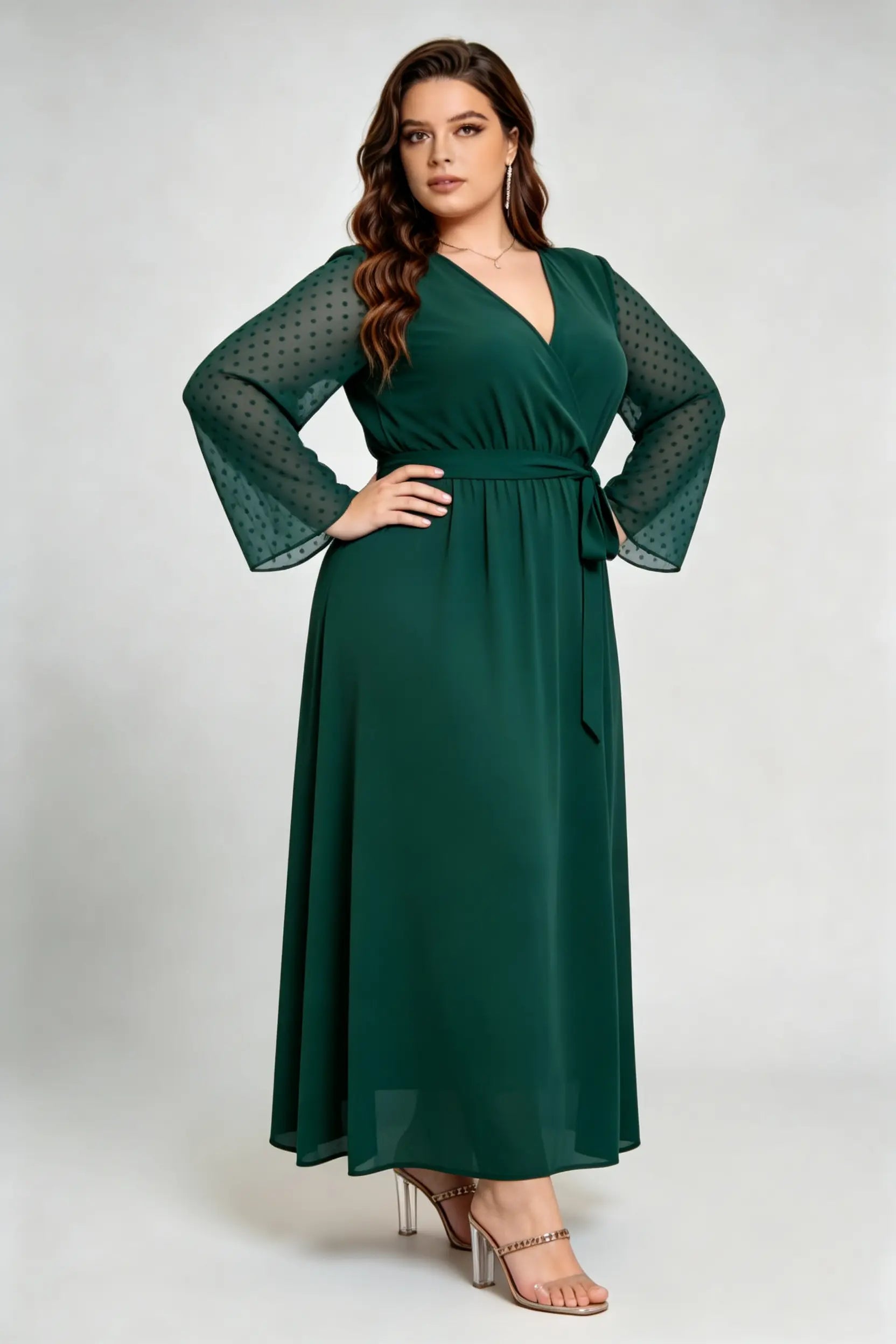 Curvy model wearing phoehua plus size olive-green emerald green faux-wrap sheer dot sleeve maxi dress