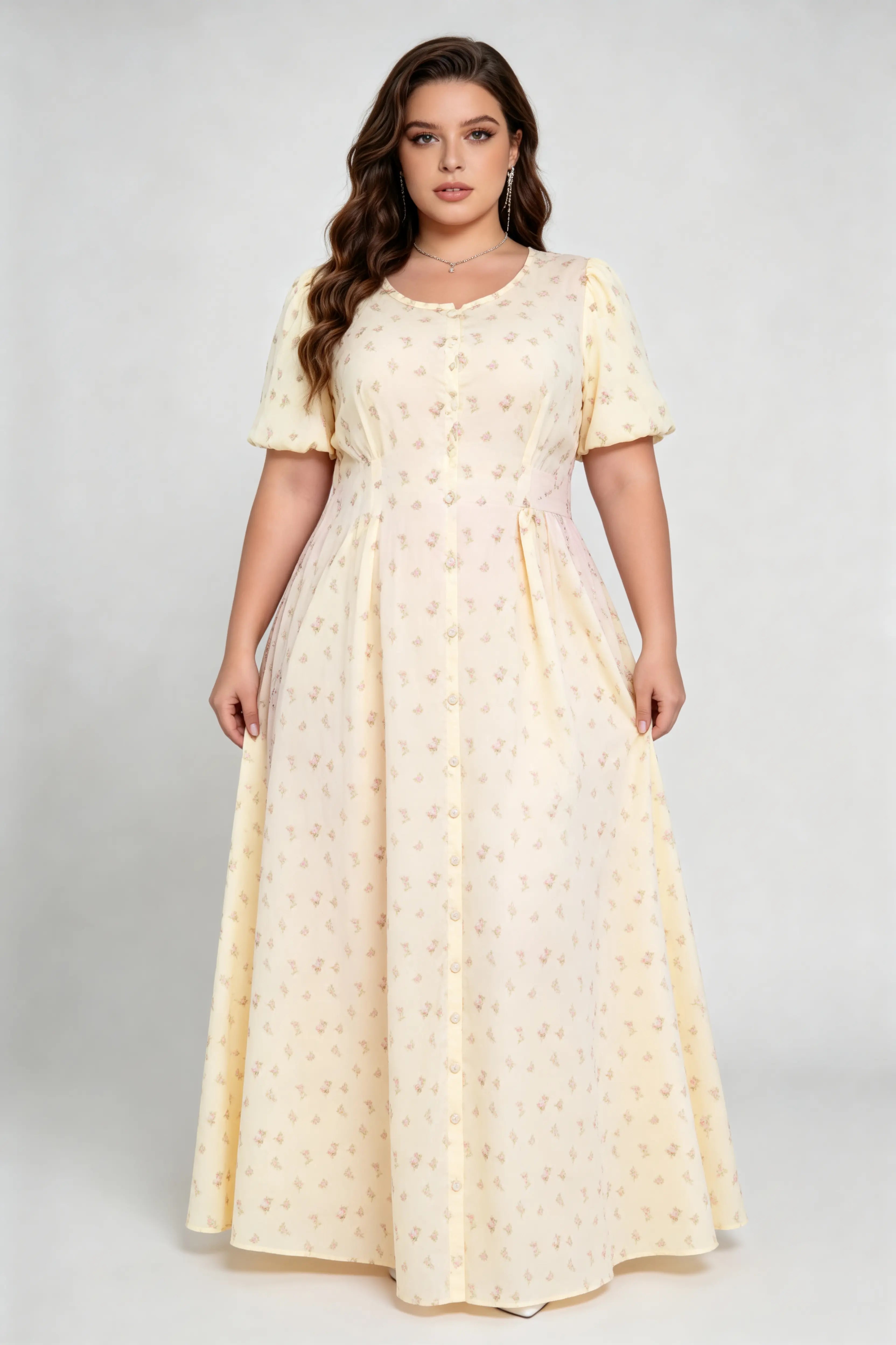 Curvy model wearing plus size yellow ditsy floral maxi dress, puff sleeve button front elastic waist a‑line flowy casual cottagecore summer dress